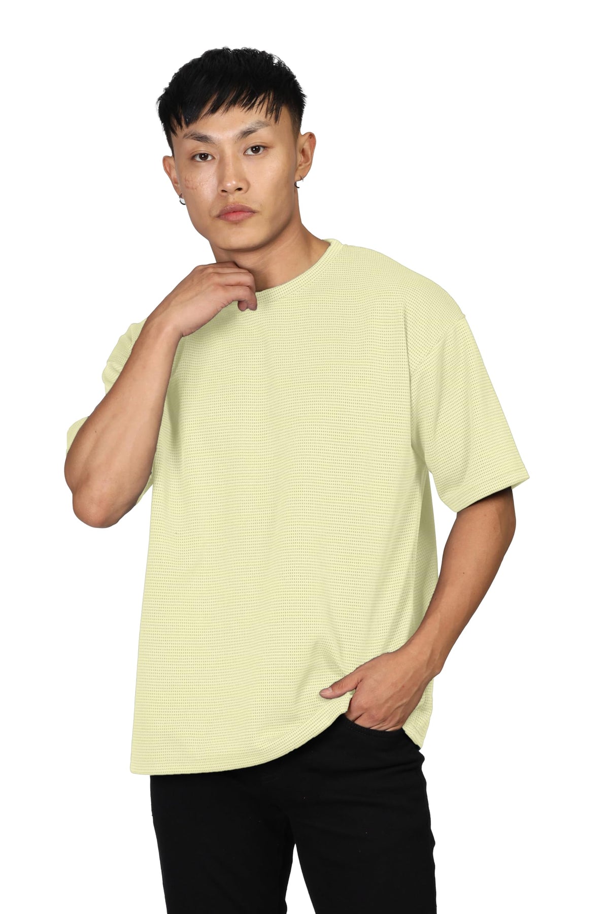 SHODOX Mens Solid Dotted Unique Design Oversized Tshirt for Men - Round Neck Loose Fit Drop Shoulder Mens T-Shirt Half White