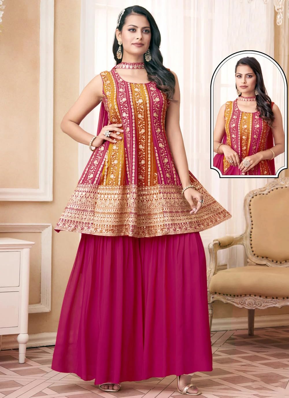 Xomantic Fashion Heavy Red Designer Gharara Suit For Wedding, Reception, Party And Festivals Salwar Kameez Dupatta Set (In, Alph