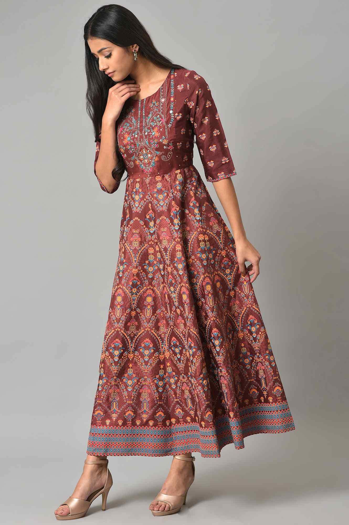 W For Woman Dark Brown Floral Printed Embroidered Glitter A-Line Dress