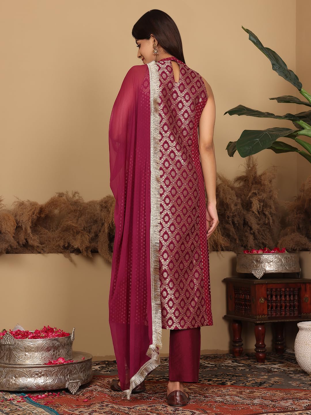 Varanga Women Purple Brocade Halter Neck Kurta With Bottom And Dupatta