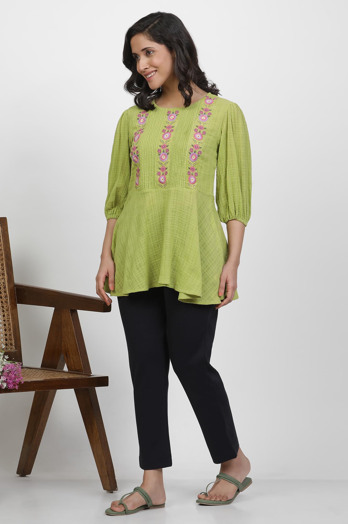W for Woman Green Embroidered Print Cotton Straight Top