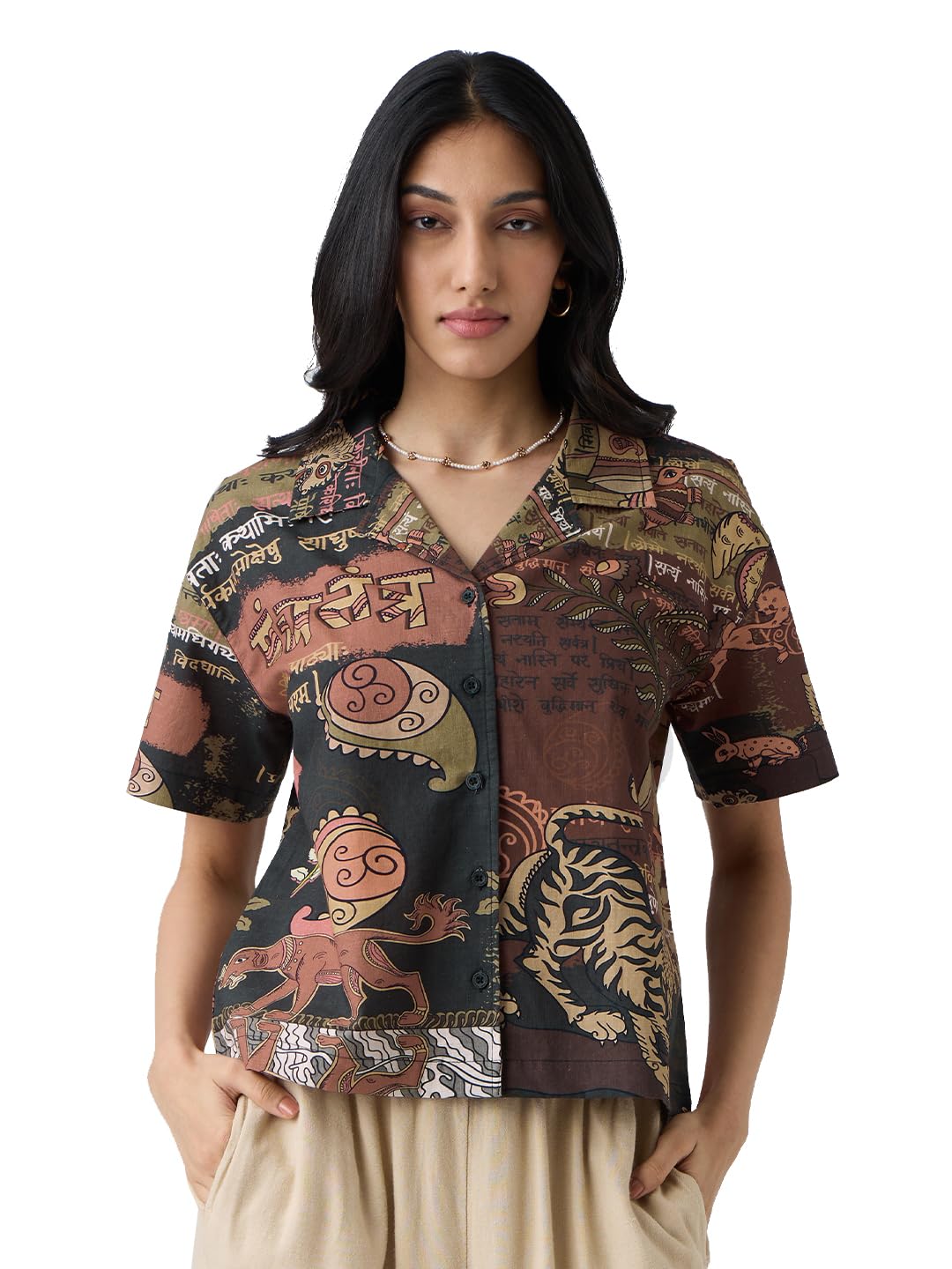 The Souled Store Panchatantra Women and Girls Short Sleeves Collared Neck Button Front Brown All Over Printed Oversized Fit Cott
