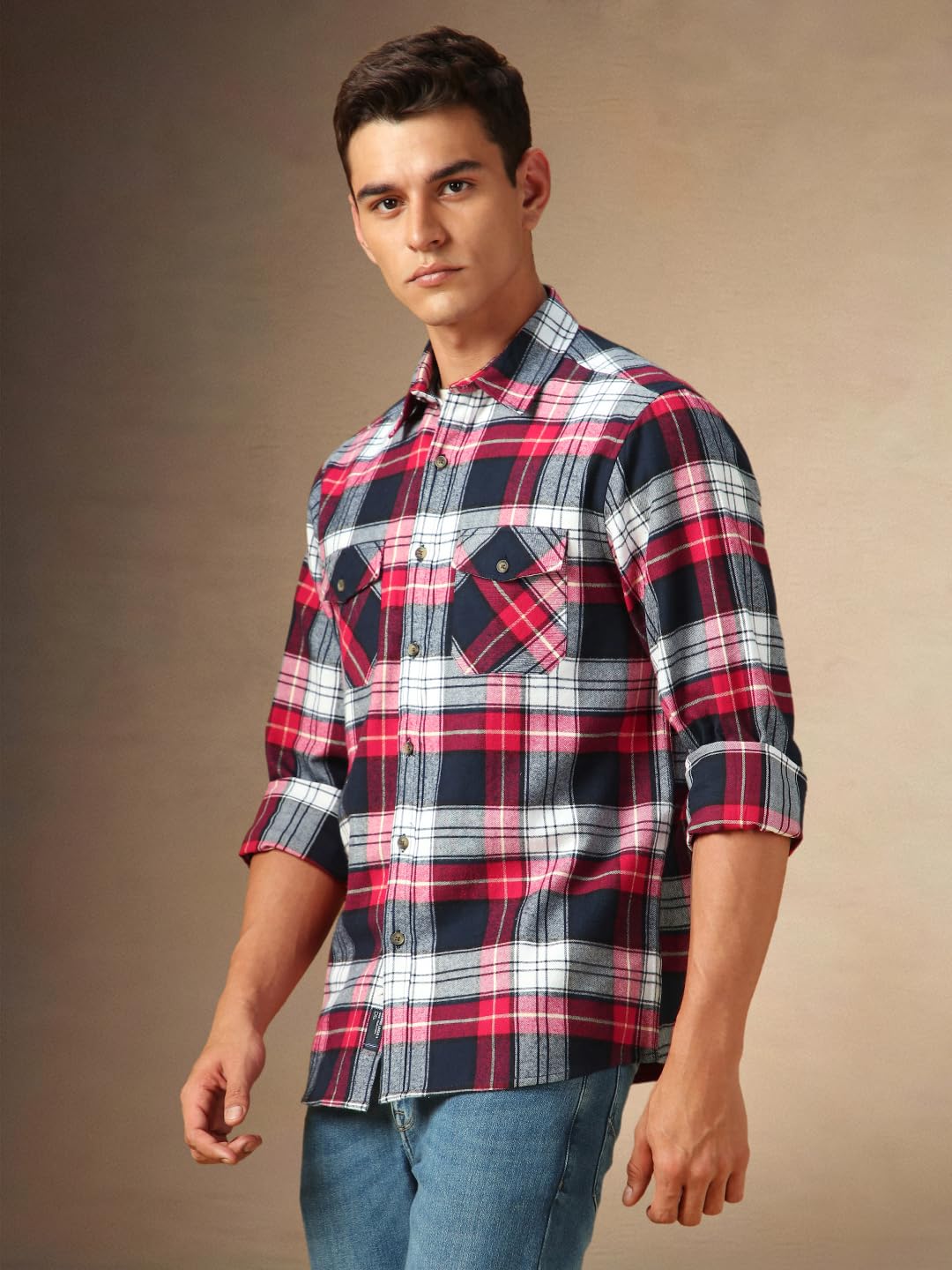 Dennis Lingo Men Flannel Check 100% Cotton Relaxed Fit Full Sleeves Shirt For Men. Navy Blue
