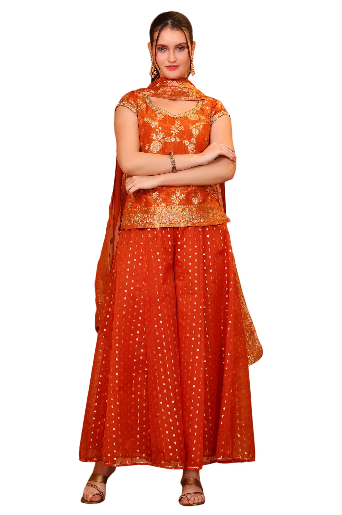 Aurelia Womens Dyed Tape Embroidered Straight Orange Kurta, Palazzo and Dupatta Set (Size-XL)-AS15946-705719