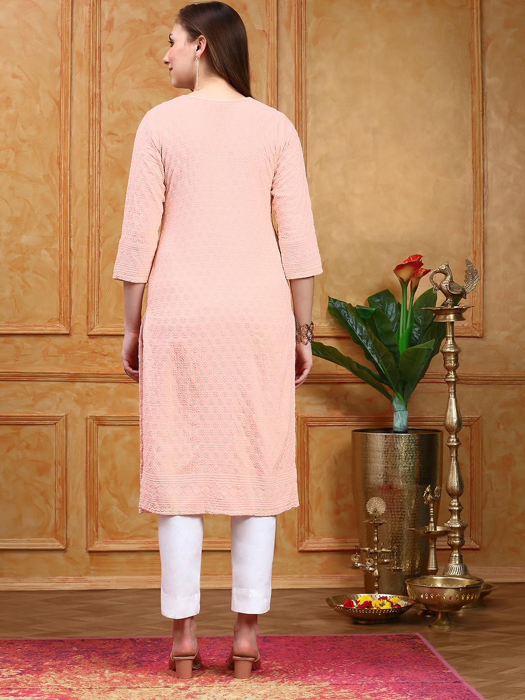ishin Women Peach Viscose Rayon Kurta