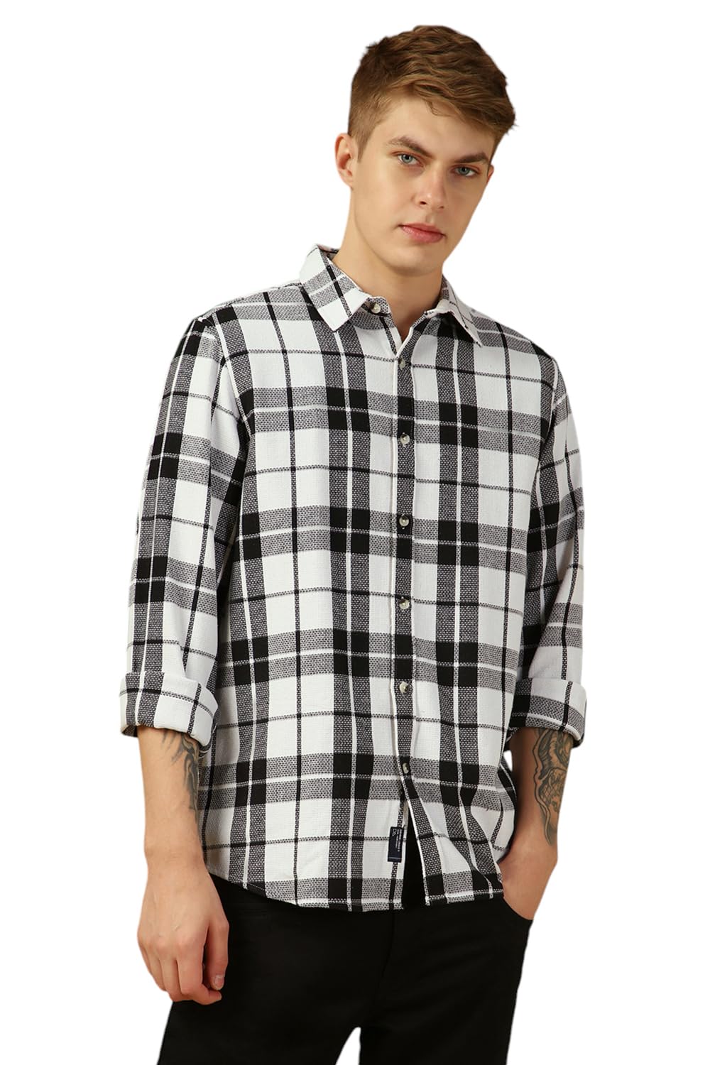 Dennis Lingo Men Black Checks Full Sleeve Spread Collar Shirts