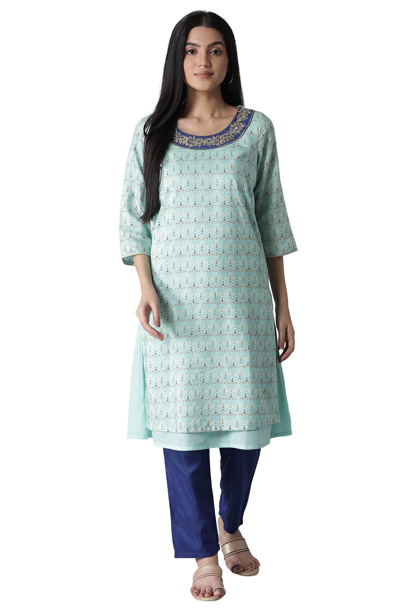 Blue Mughal Print A-Line Kurta-Trousers Set