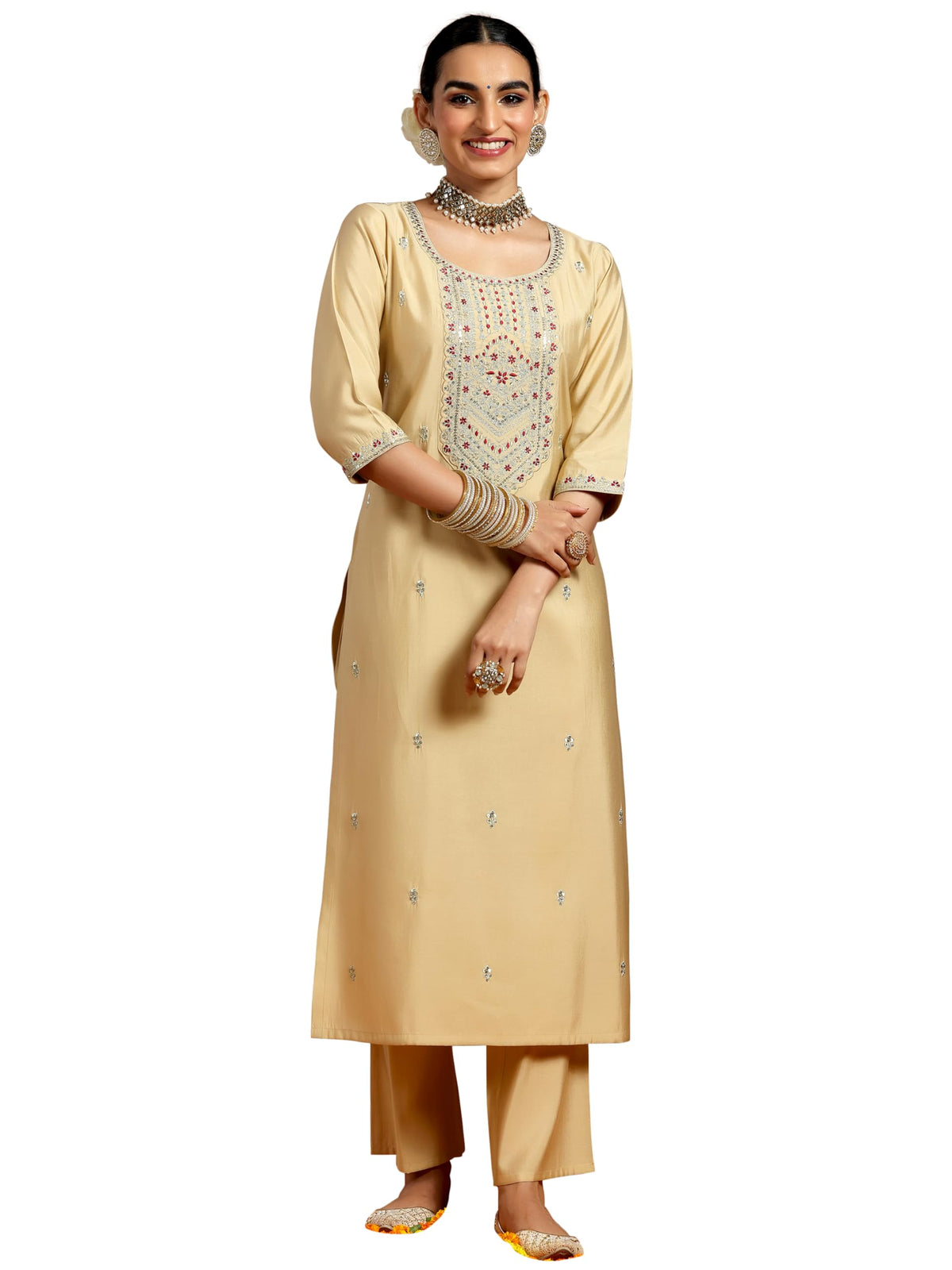 Libas WomenS Silk Blend Embroidered Kurta Set (Gs938_Beige