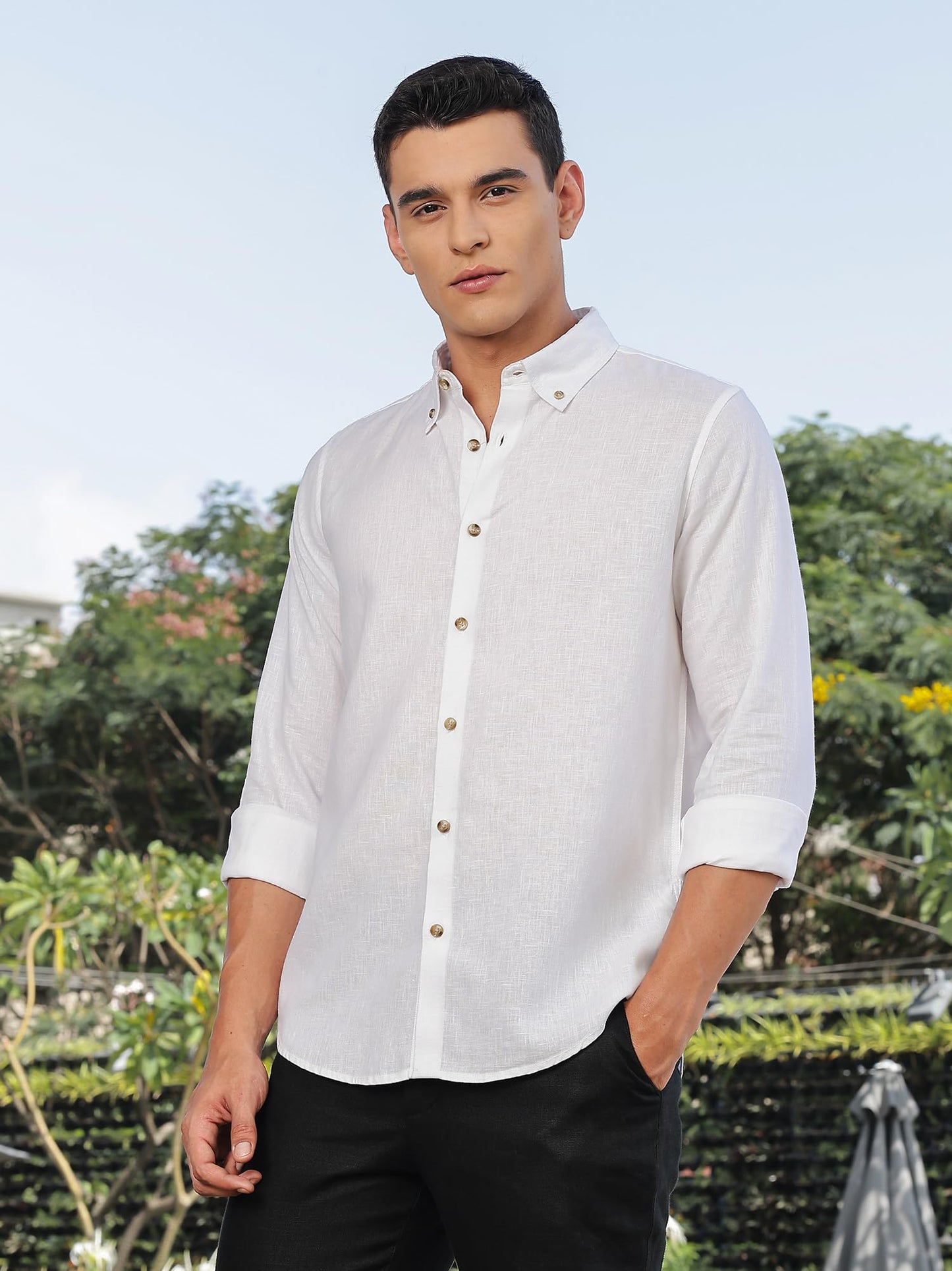Thomas Scott Mens | Solid | Premium Irish Linen | Full Sleeve | Button Down Collar | Casual | Shirt for Men White