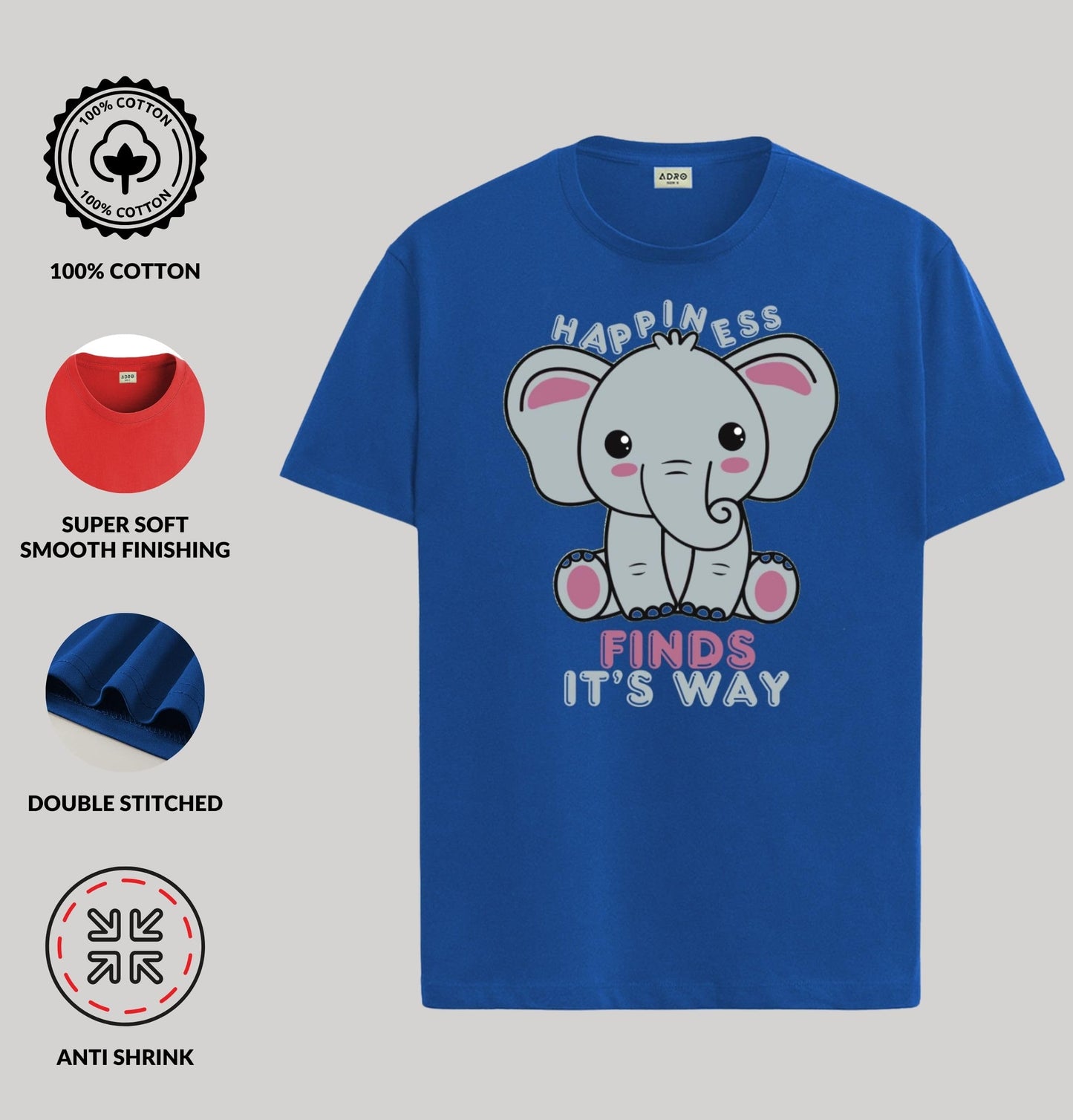 ADRO T Shirts for Boys & Girls | Elephant Printed T-Shirt | Ages 3-14 | 100% Cotton Round Neck Tshirt for Boys |KRN-L2-FINDS-RB-