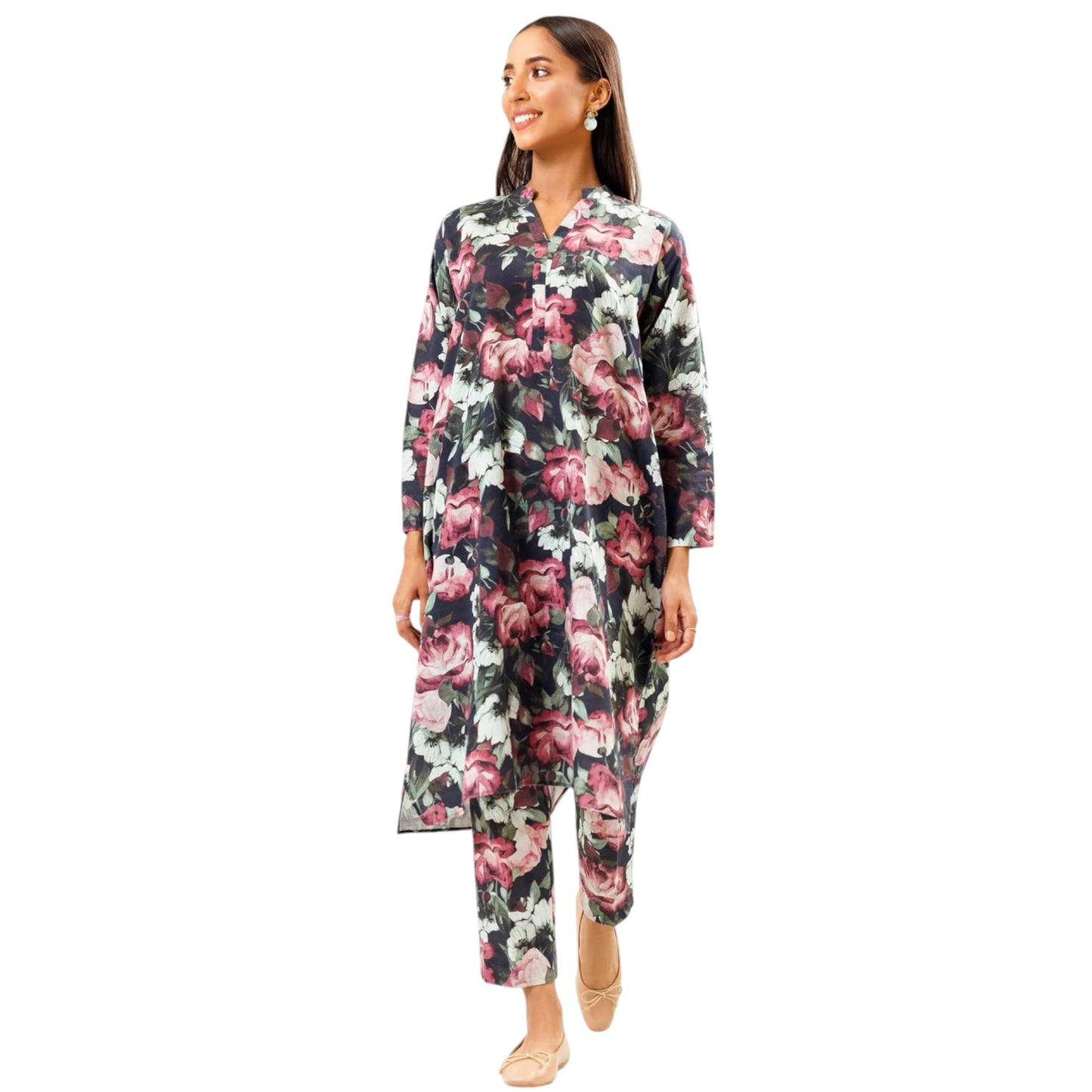 Gufrina Women's Black Floral Printed Long Kurta Set with Straight Pants - Full Sleeve V-Neck Rayon Casual Wear