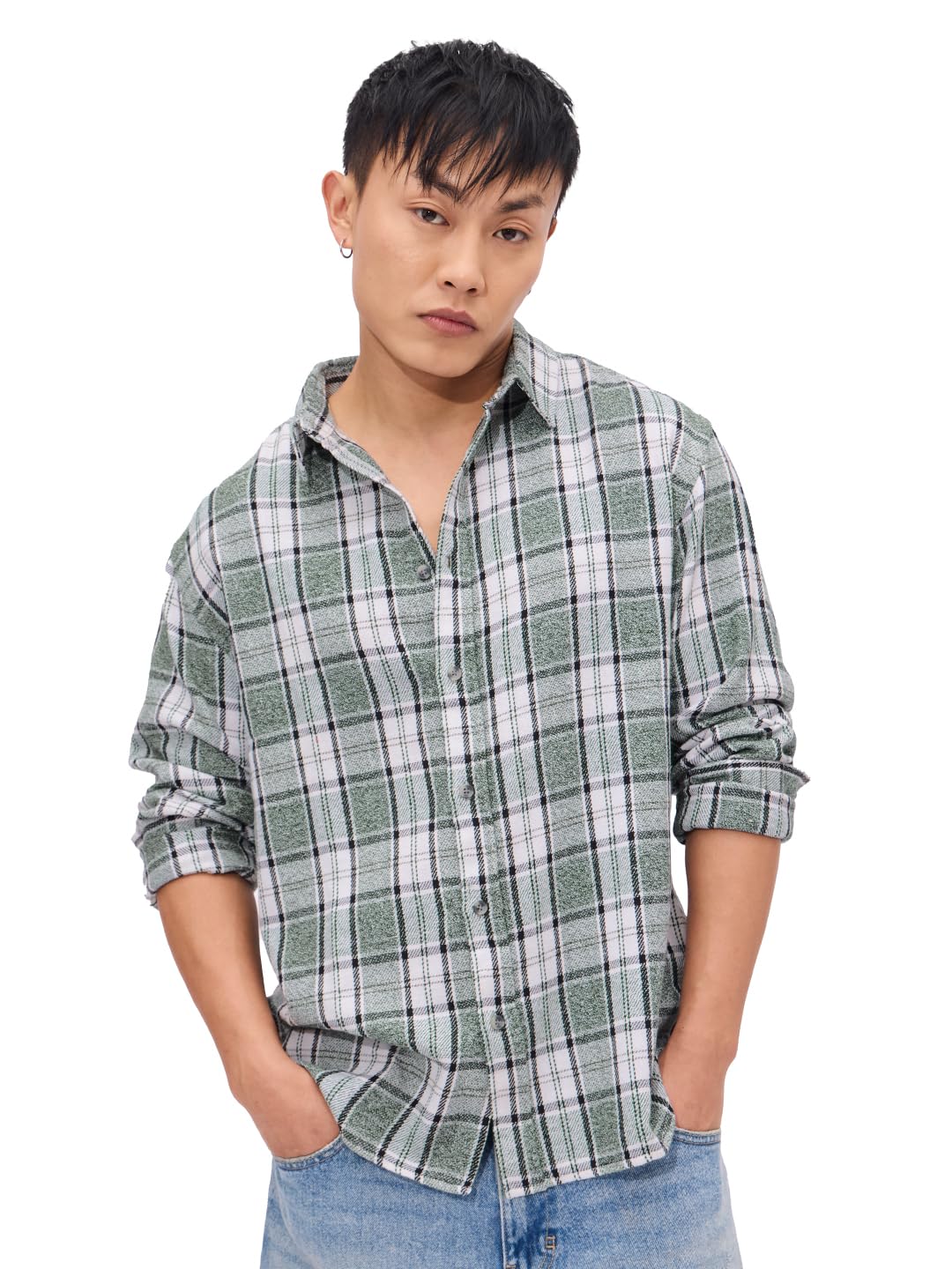The Souled Store Plaid: Fern Grid Men and Boys Long Sleeves Collared Neck Button Front Cotton Relaxed Shirts