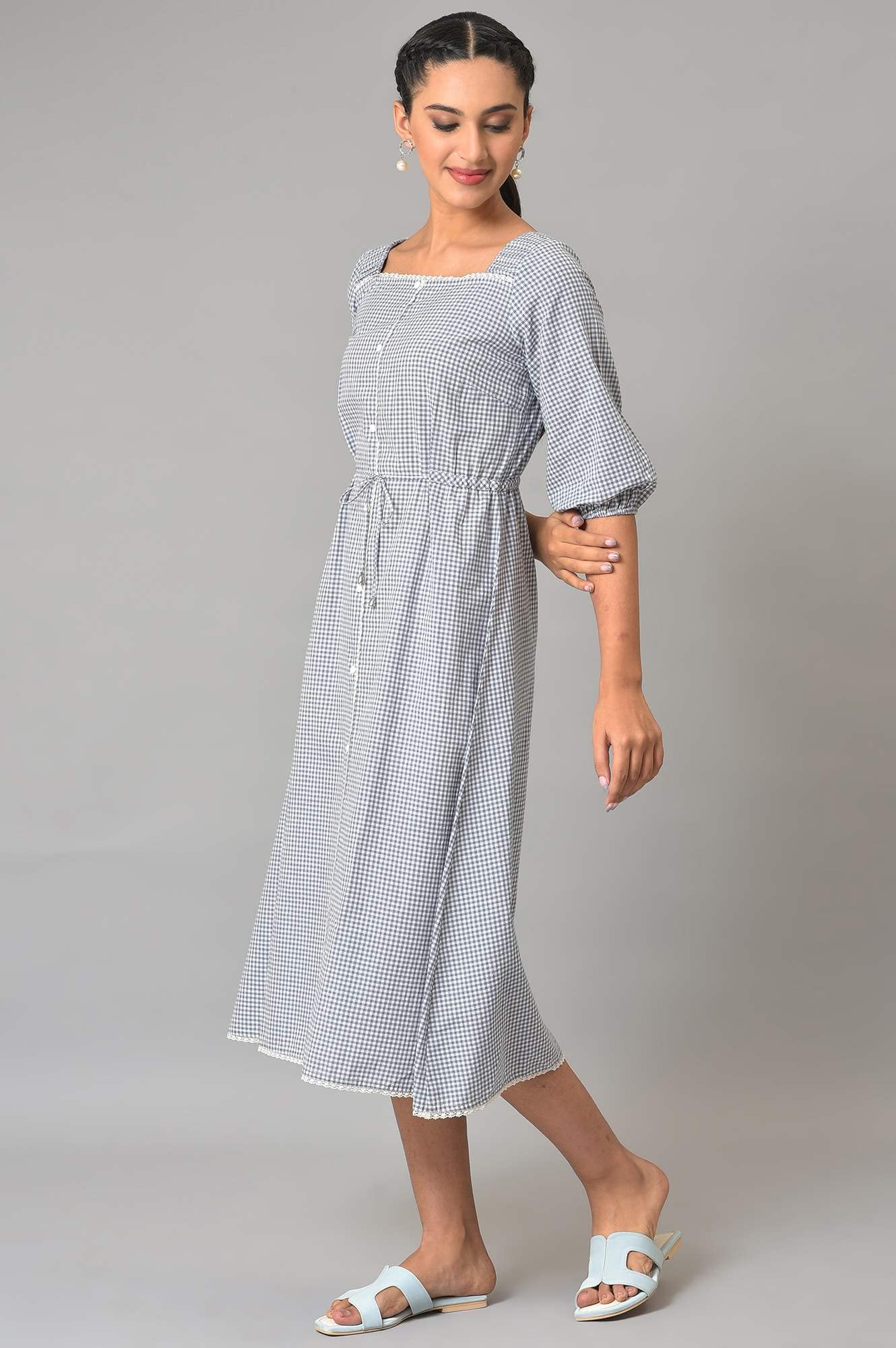 Aurelia WomenS Cotton Midi Check White Dress