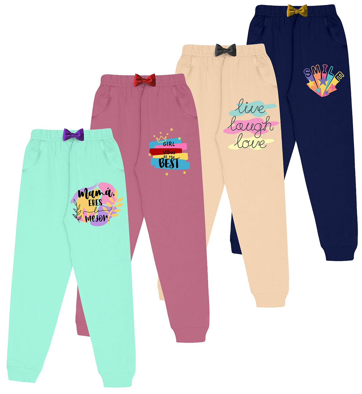 Kyda Kids Girls Cotton Printed Track Pants With Pocket - Multicolor (Pack Of 4)
