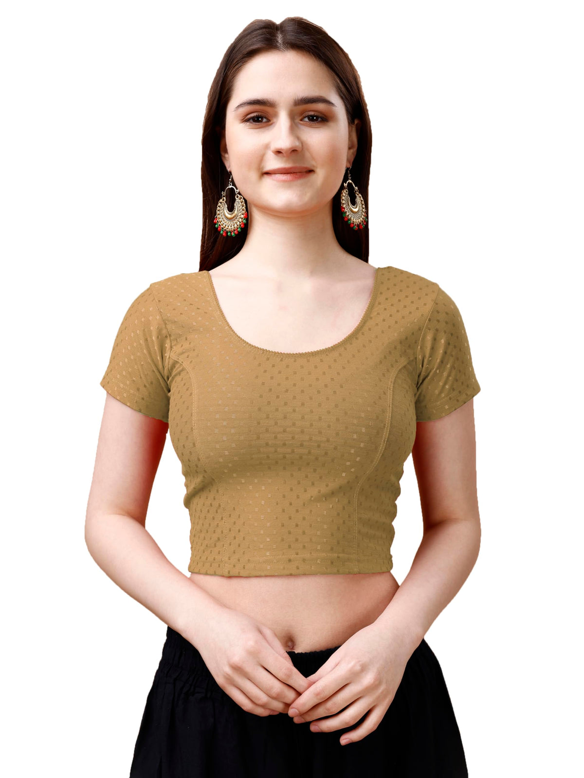 Pujia Mills WomenS Readymade Dobby Cotton Lycra Stretchable Round Neck Short Sleeve Blouse Fancy Gold Color Lycra Stretchable B