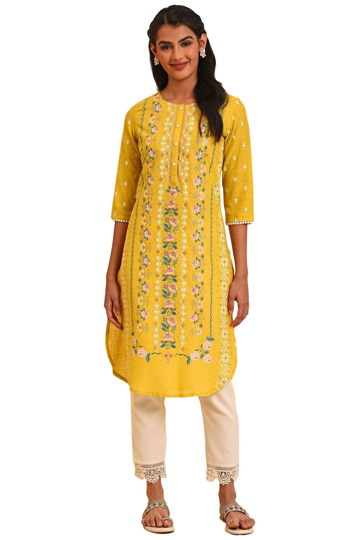 W Yellow Floral Printed Cotton Regular Glitter Lace Kurta For Women