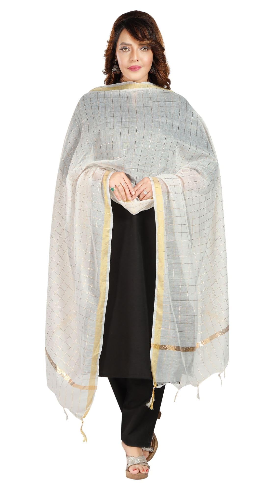 Fabme Silk Blend WomenS Checkered Dupatta With Embellish Golden Border Off-White Free Size