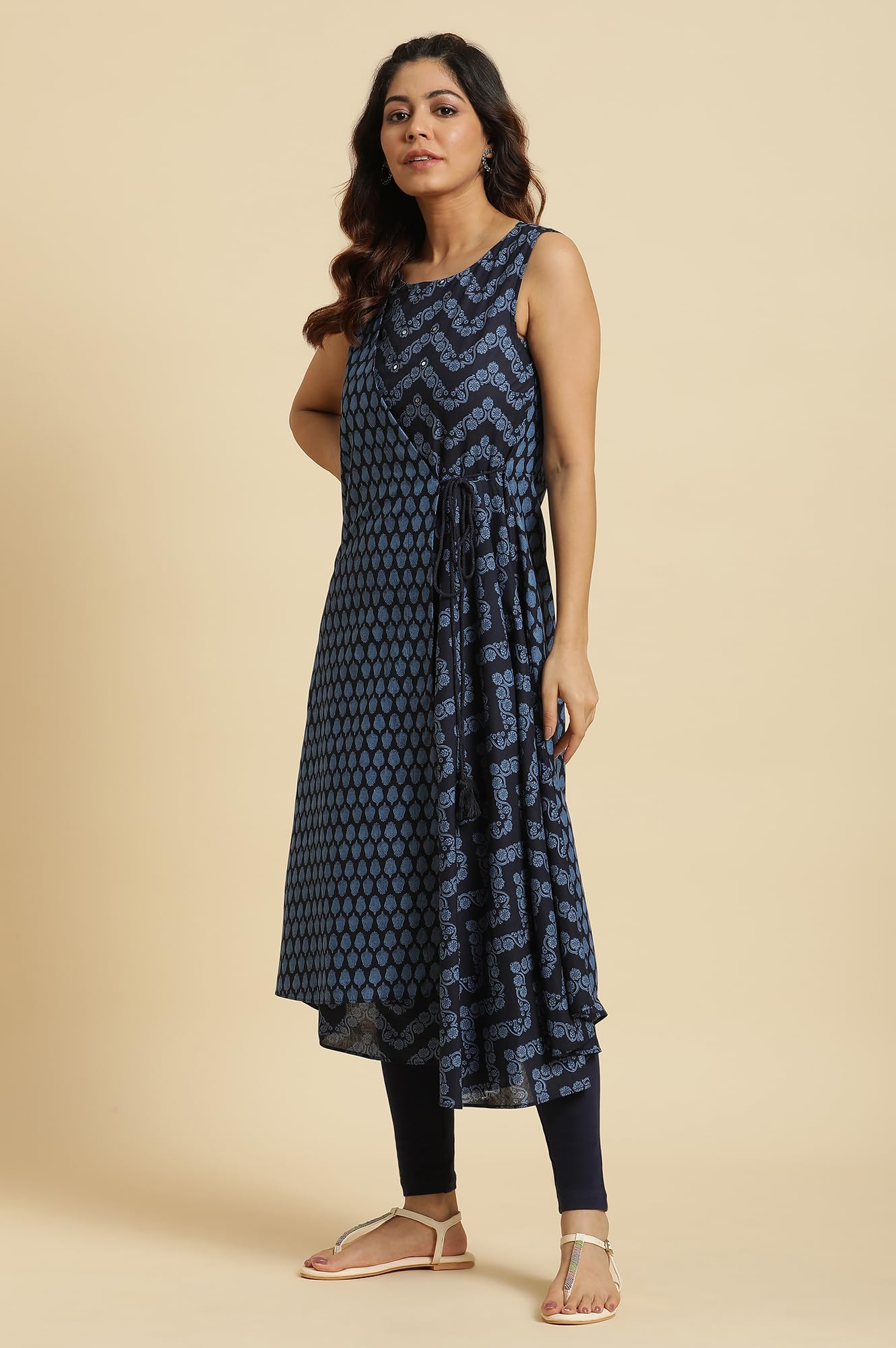 W for Woman Blue Mock Wrap Print Mix Kurta