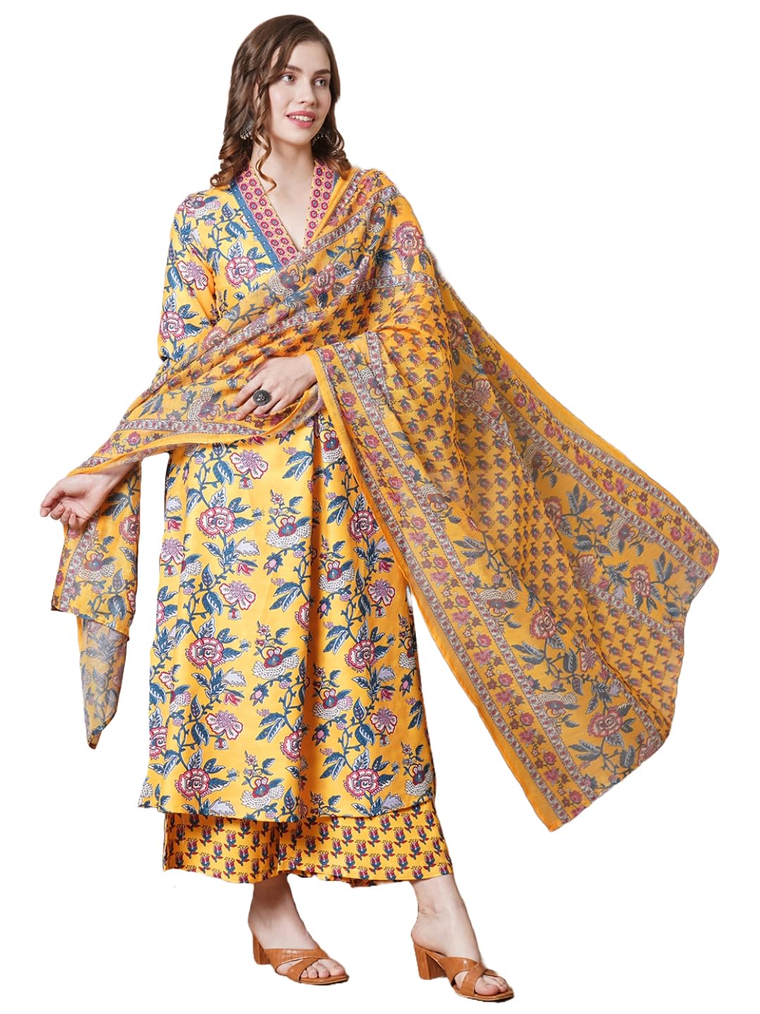 ANNI DESIGNER Women s Rayon Blend Kurta with Pants and Dupatta, Yellow, XL