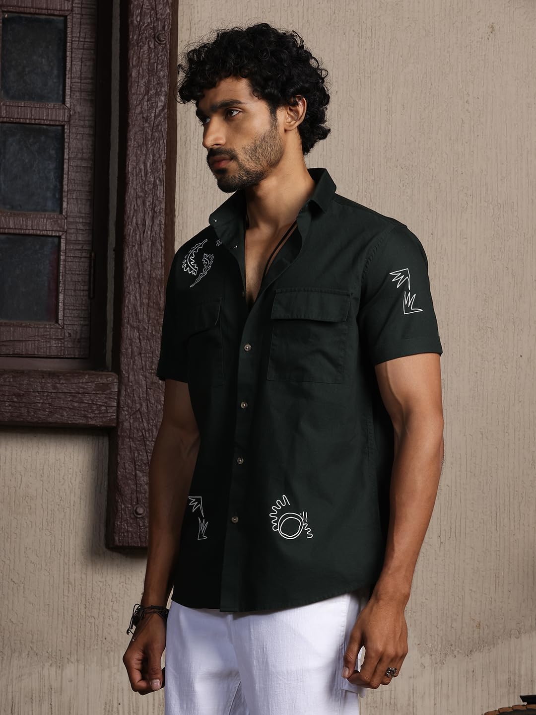 Thomas Scott Short Sleeve Double Pockets Self Printed Casual Shirts for Mens Green