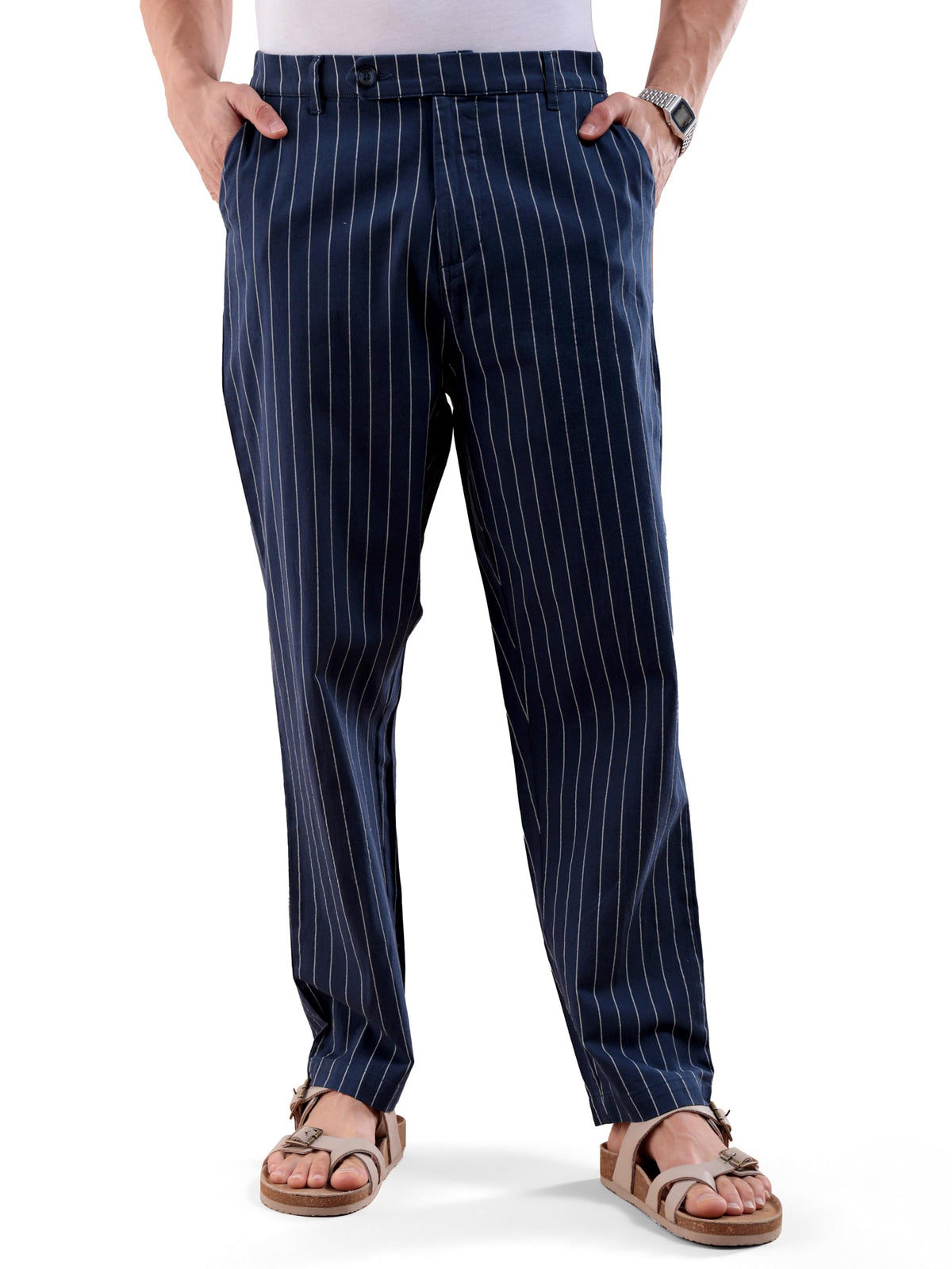 The Indian Garage Co Men Relaxed Cropped Vertical Striped Mid-Rise Trousers Navy