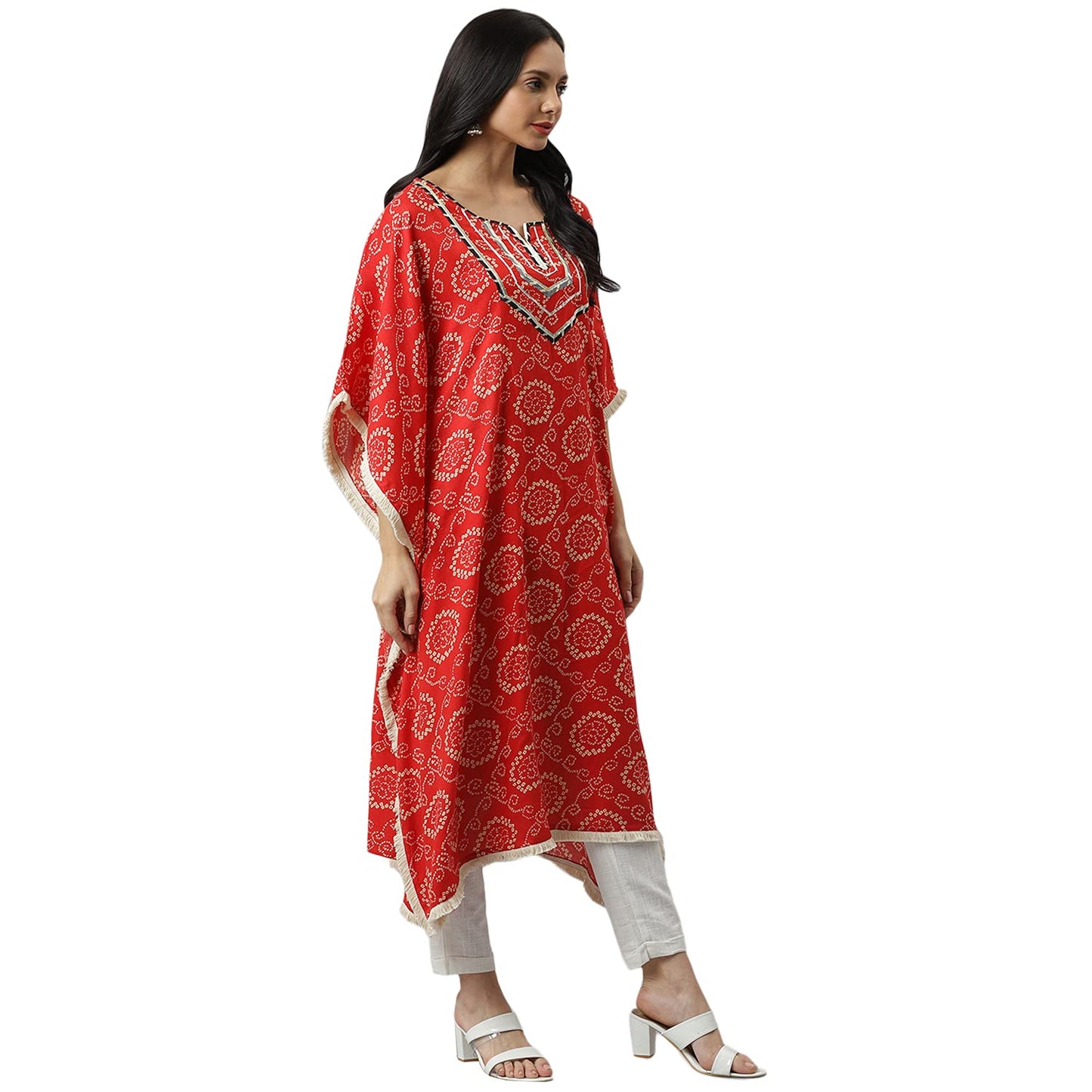 Stylum Women's Bandhani Print Rayon Kaftan Kurta (Red)