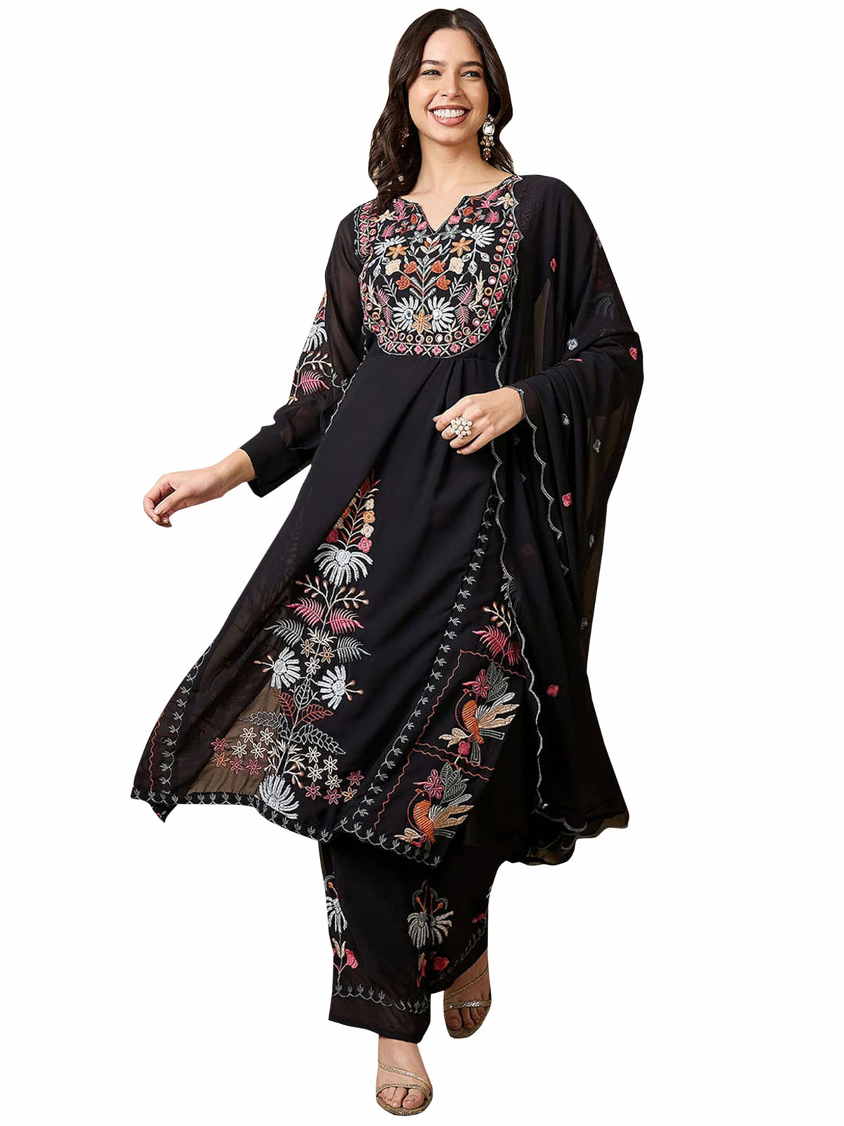 Fashion Basket Georgette Straight Floral Plazzo Kurta Set Black