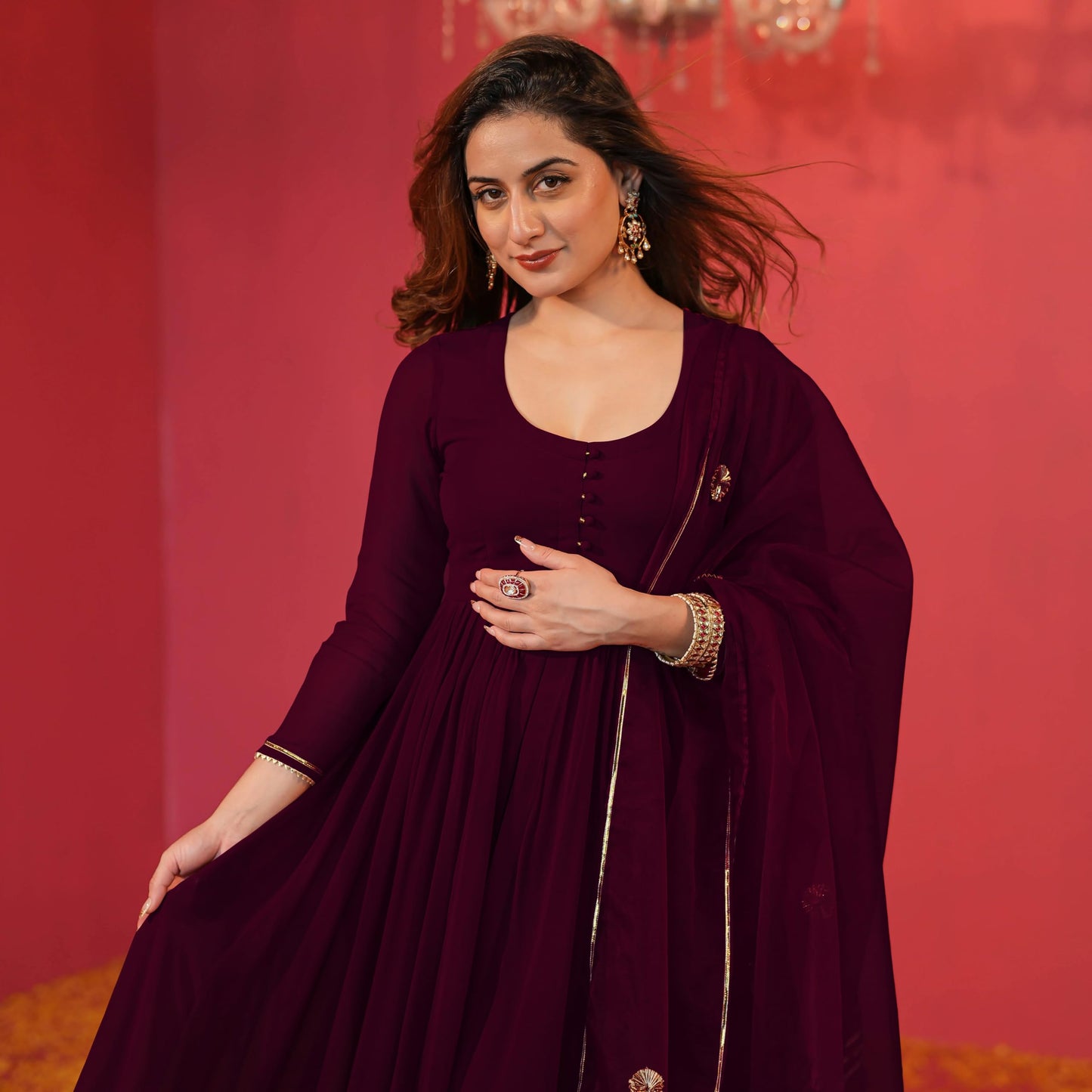 GoSriKi Anarkali Kurta Set for Women, Viscose Blend, 5XL, Bordeaux Red, Model JAYNTI RED-GS