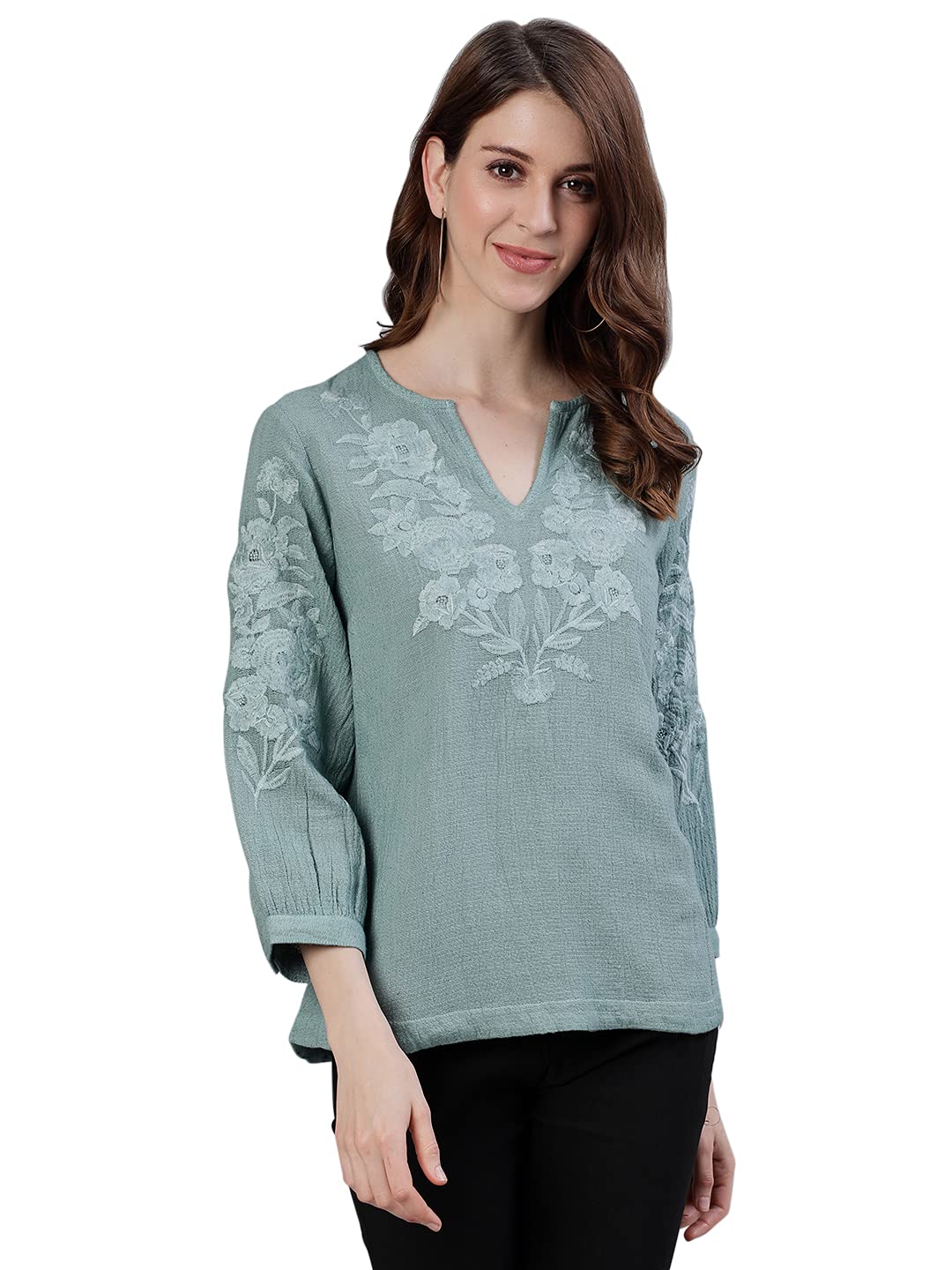 Ishin WomenS Cotton Sea Green Embroidered Top