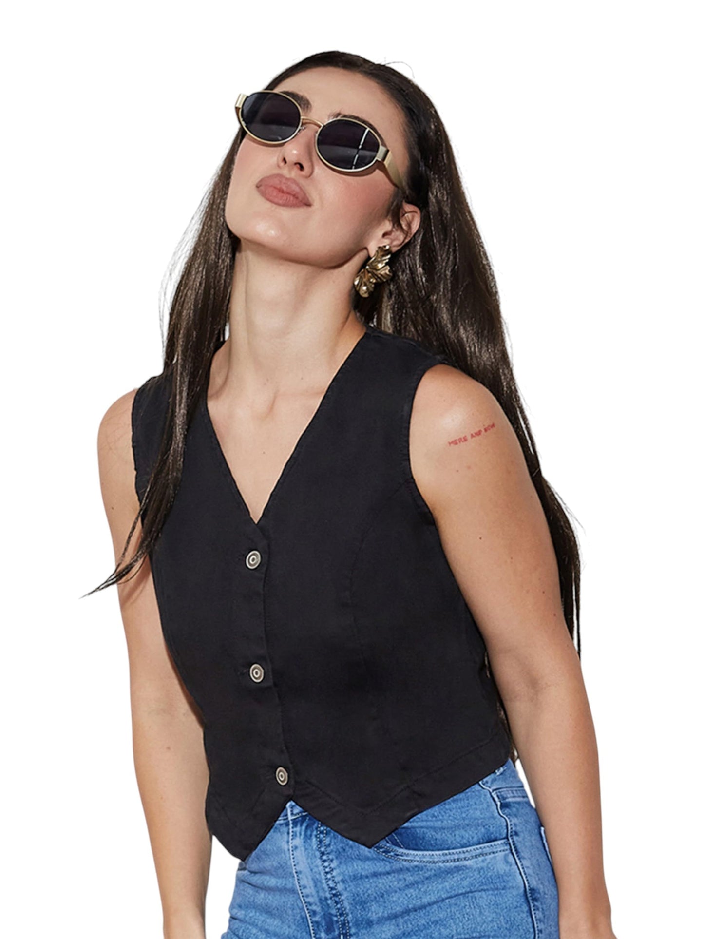 Miss Chase Womens V Neck Sleeveless Solid Waistcoat-Styled Cropped Denim Top (Mcaw25Den62-80-379-05, Coal Black, L)