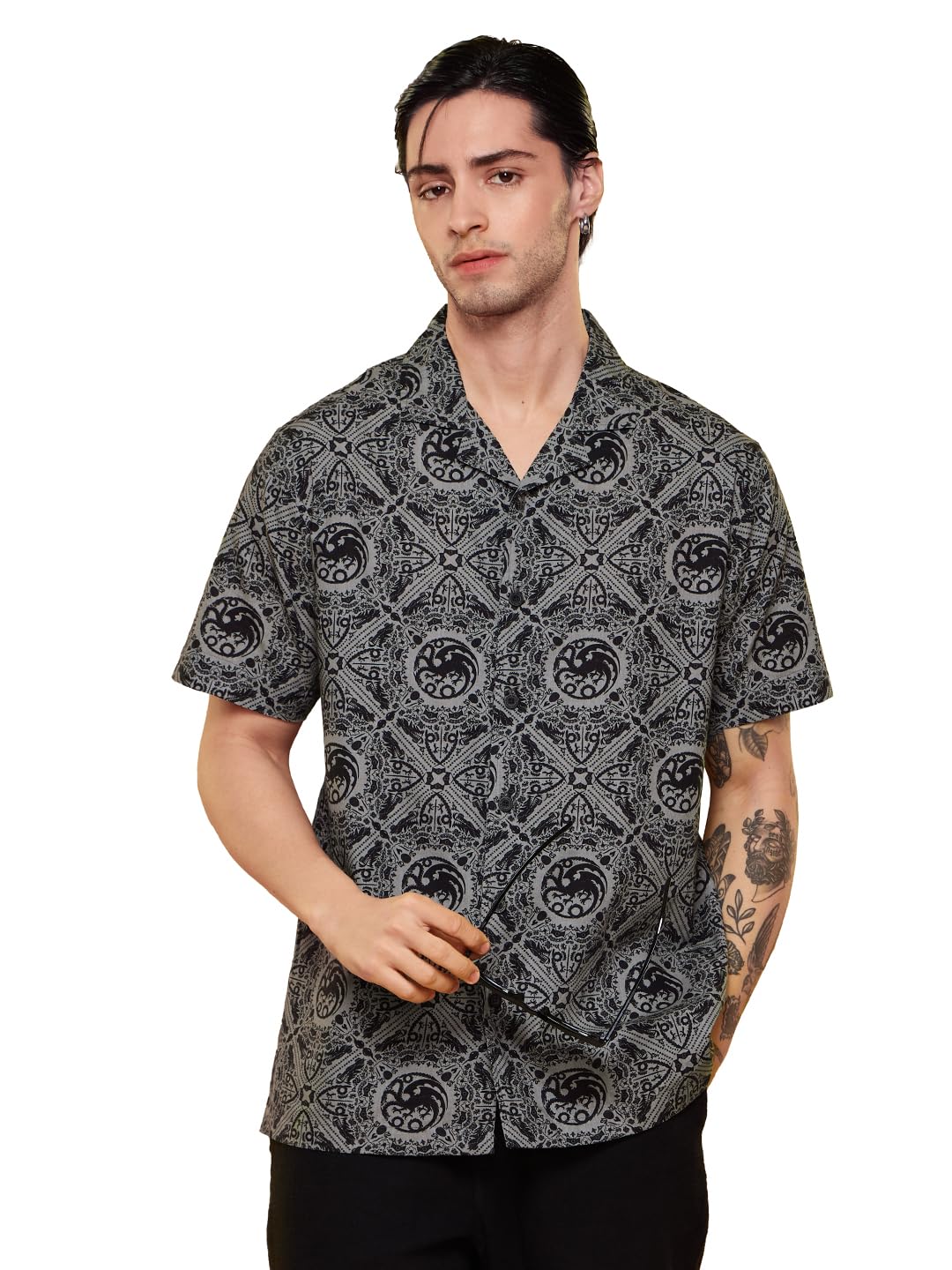 The Souled Store Official House of The Dragon: Fire Reigns Supreme Men and Boys Short Sleeves Collared Neck Button Front Grey Al