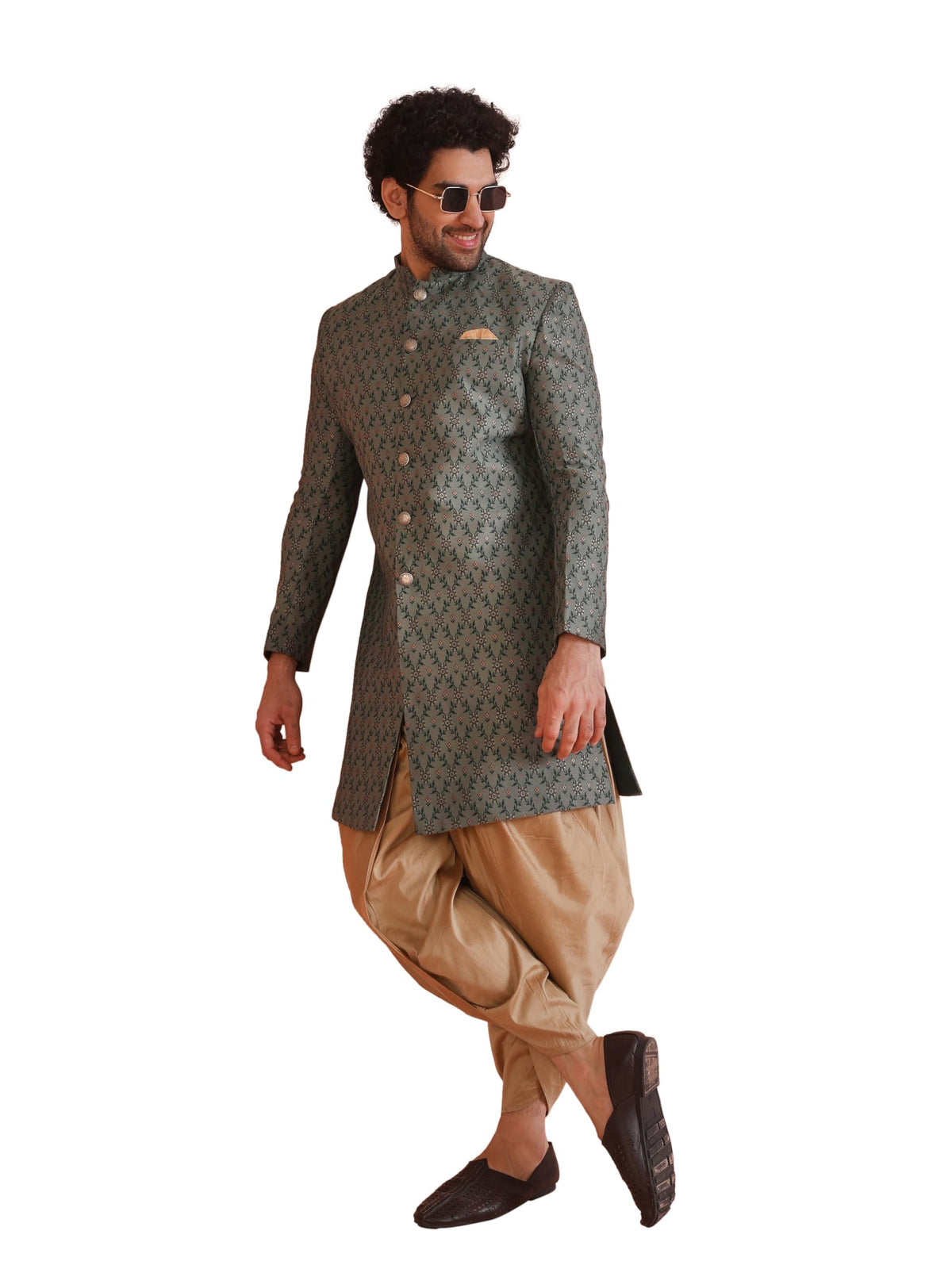 Kisah MenS Ethnic Wear Silk Blend Printed Regular Fit Grey- Beige Indo-Western Sherwani Set Indo-Western