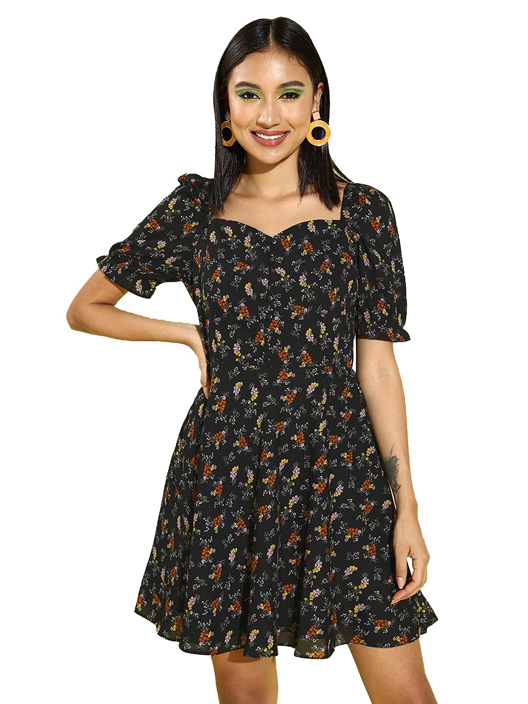 Rare WomenS Georgette Fit And Flare Knee-Length Dress (Ep6247_Black_Xl)