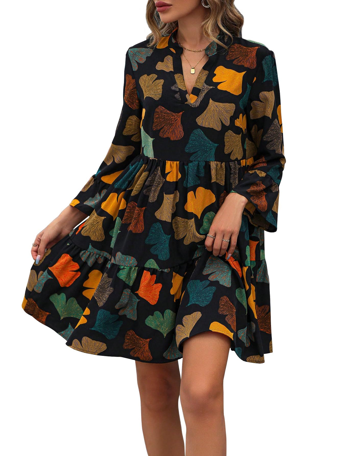 Shasmi GirlS & WomenS Black V-Neck Allover Leaf Print Ruffle Hem Smock Gathered Ruffle Long Sleeve A-Line Midi Dress Full Prin