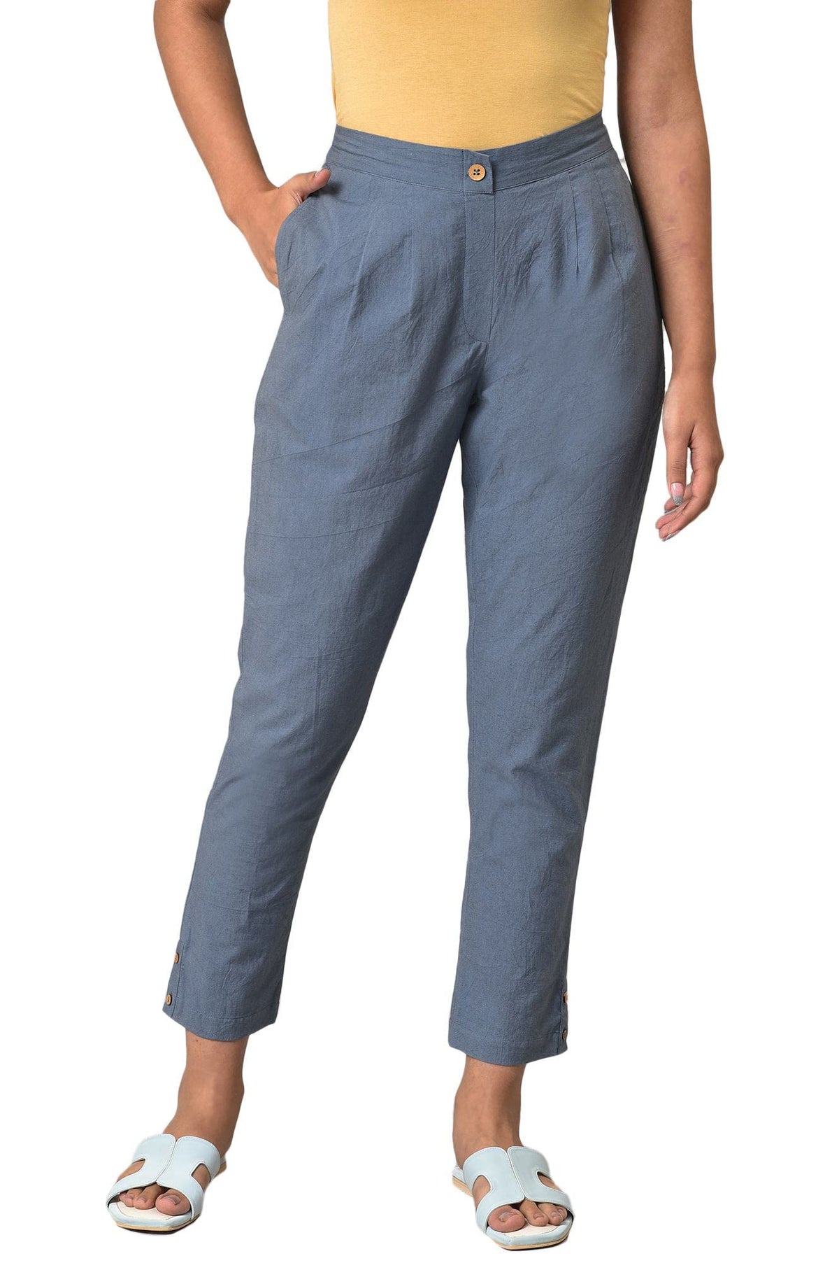 Aurelia Grey Solid Cotton Regular Trousers for Women