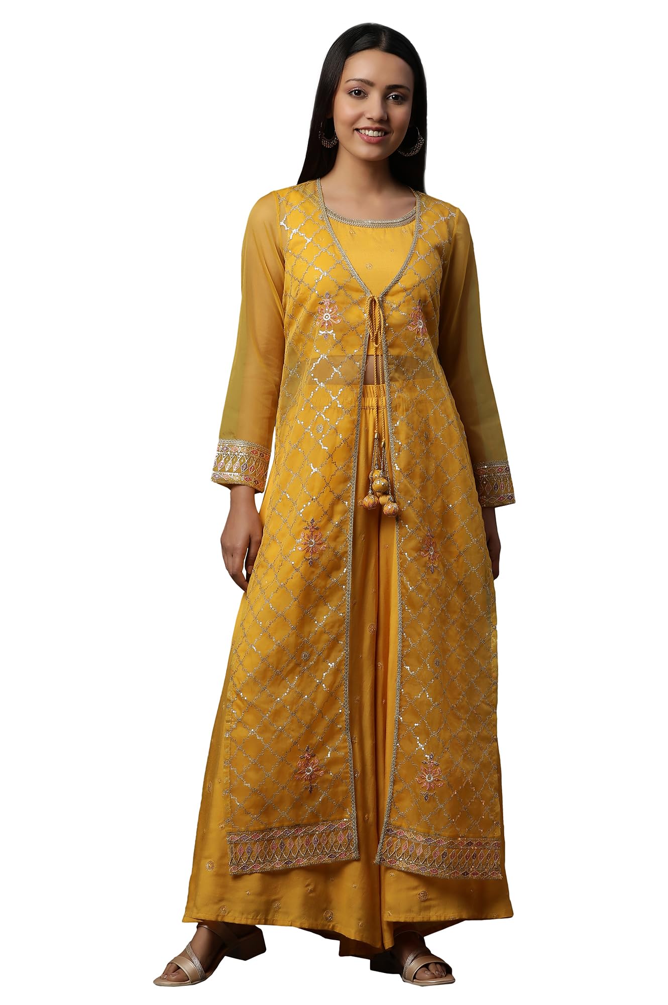 Aurelia Yellow Embroidered Gilet, Crop-Top and Palazzo Set (Size: L)-24FED10619-E606774