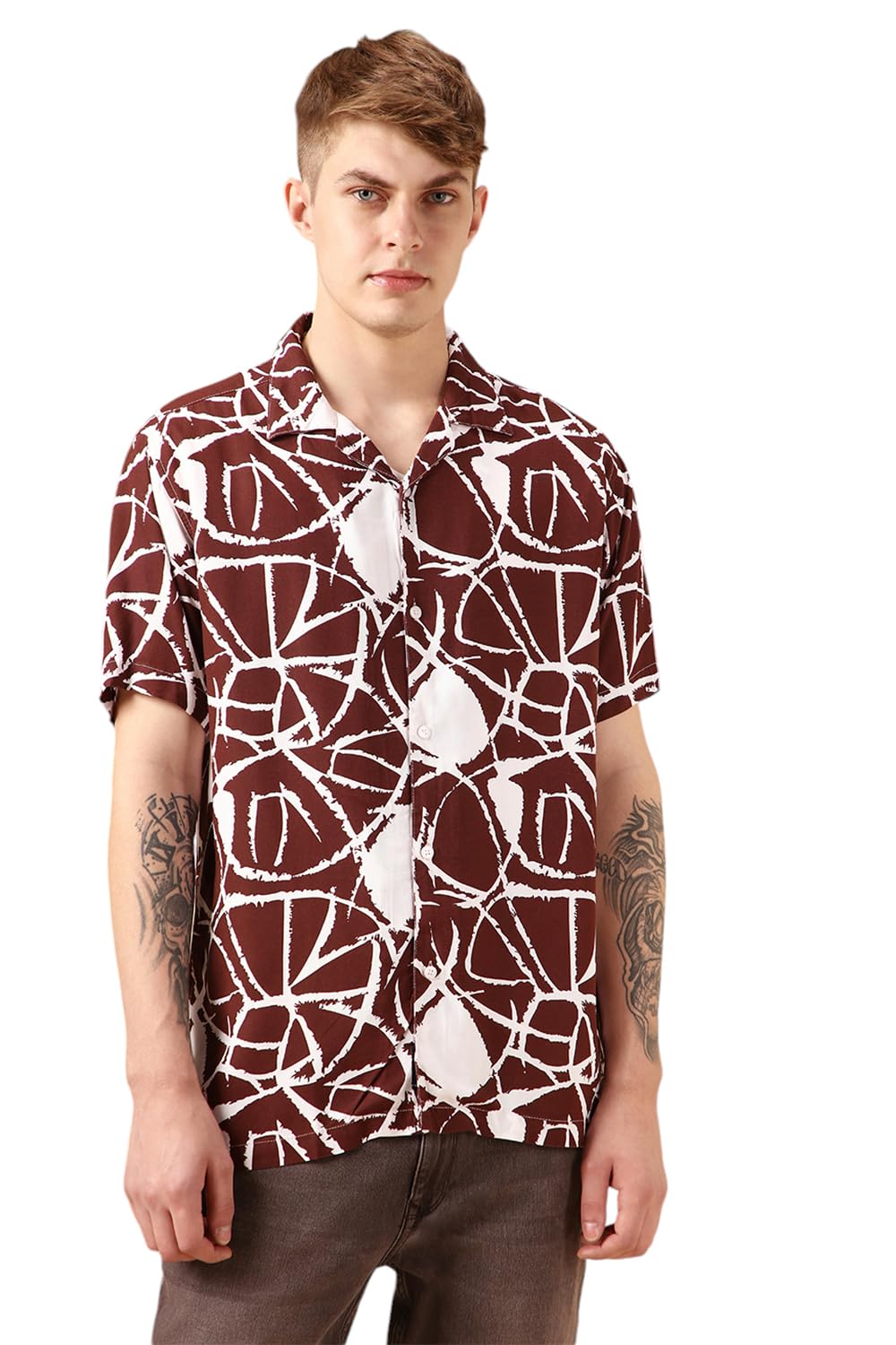 Dennis Lingo Men Brown Rayon Half Sleeve Cuban Collar Printed Shirts