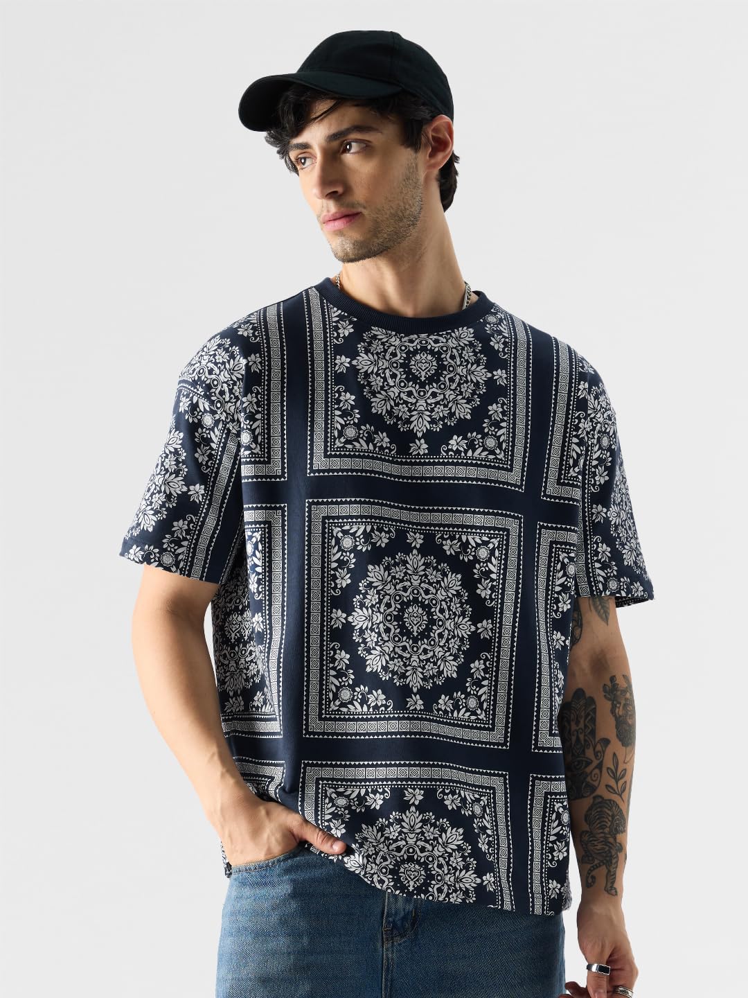 The Souled Store Fusion Bandana Men and Boys Short Sleeve Round Neck Blue All Over Print 100% Cotton Oversized Fit T-Shirts Over