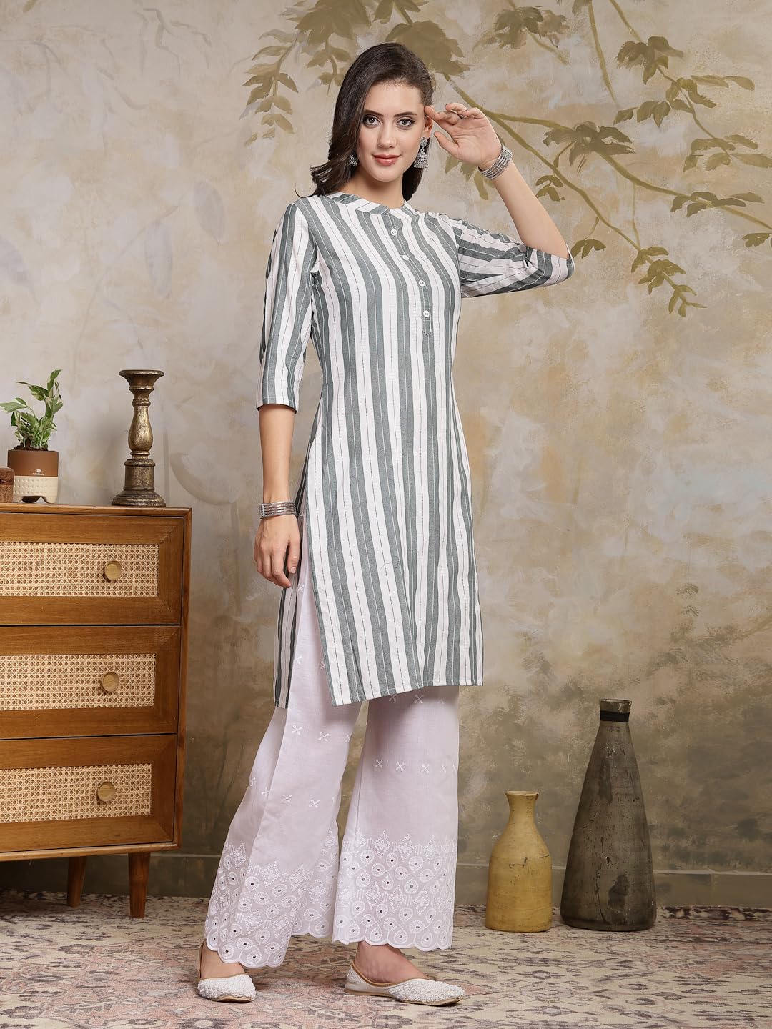 Stylum Women's Self Designed Cotton Blend Straight Kurta (URVASHI_Grey)