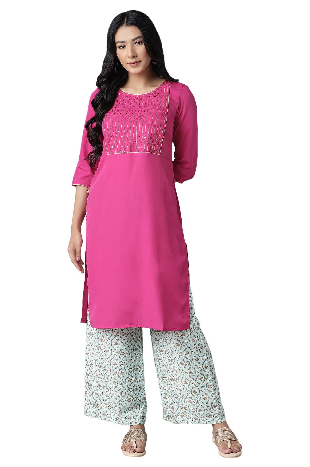 Aurelia Women's Polyester Kurta-Straight Palazzo (21ONAS12899-603860_Pink