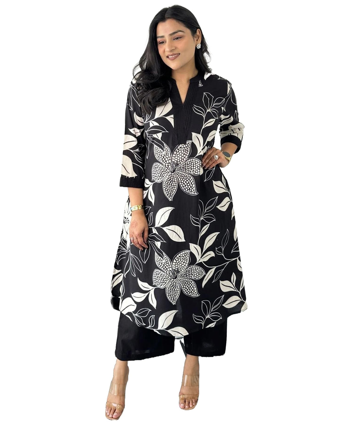 Lookmark WomenS Floral Printed Cotton Blend 3/4Th Sleeve Knee Length V-Neck Kurta And Palazzo Set For Women (Az-Lm-Og-Ks2204 Bl