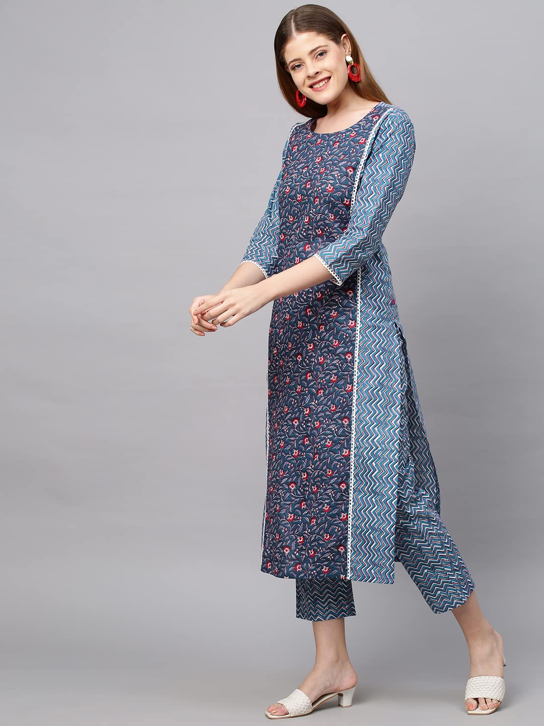 GoSriKi Women's Cotton Blend Printed Straight Kurta with Pant & Dupatta (Pinkari-GO)