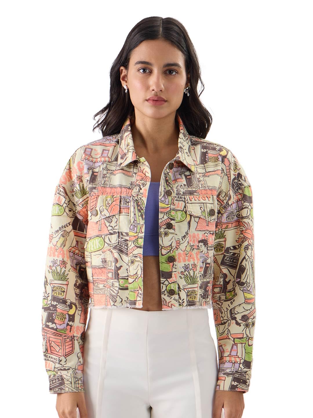 The Souled Store Official F.R.I.E.N.D.S: Doodle Women and Girl Long Sleeve Collared Neck Button Front All Over Print Oversized F