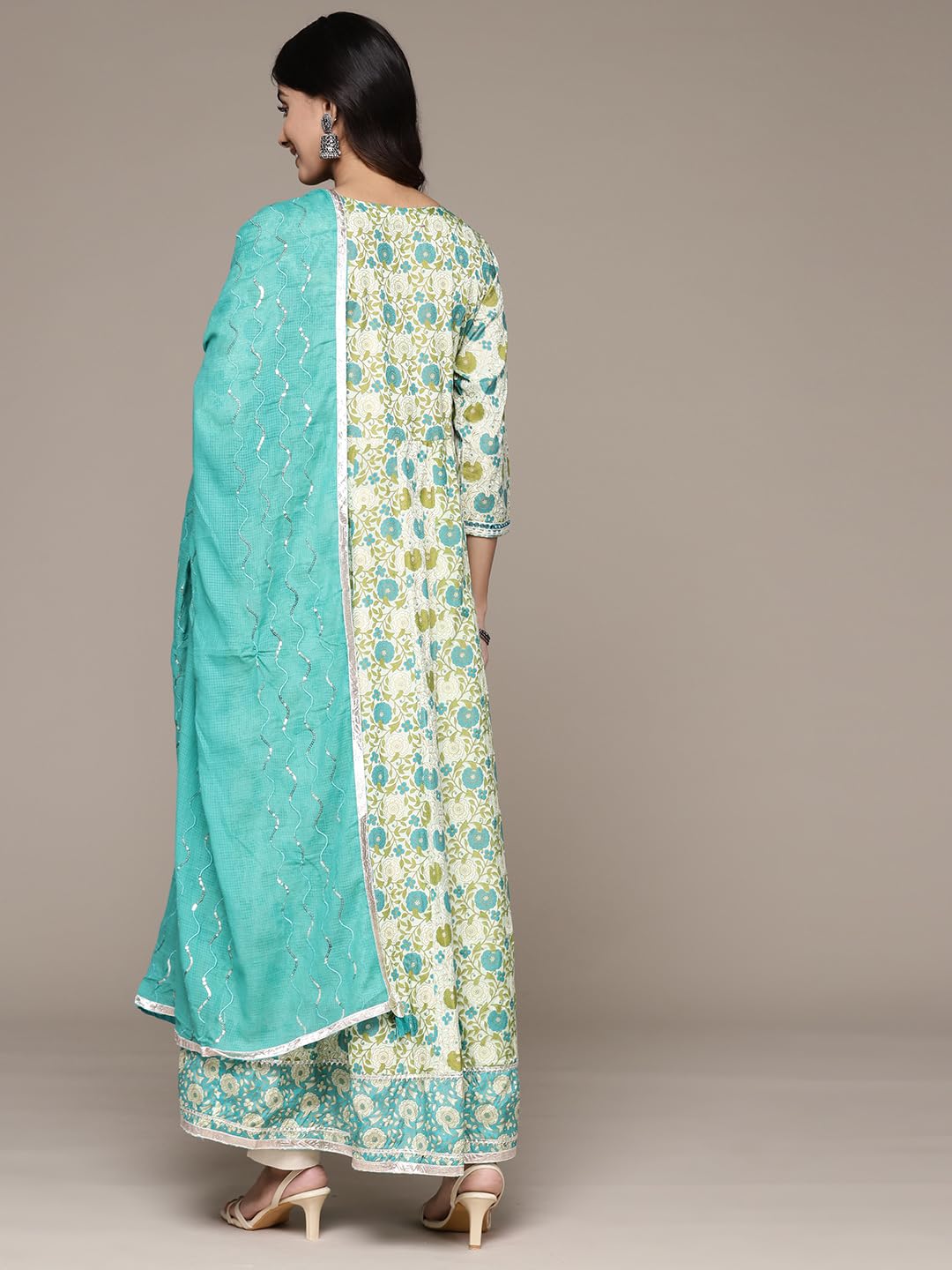 ishin Women's Viscose Rayon Floral Printed Green Anarkali Kurta Suit Set with Dupatta