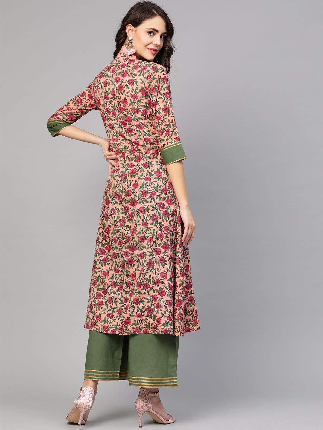 idaLia Floral Print A-Line Kurta Set with Palazzo - Cotton A-Line Kurtas for Women, 3/4 Sleeve, Mandarin Collar, Calf Length