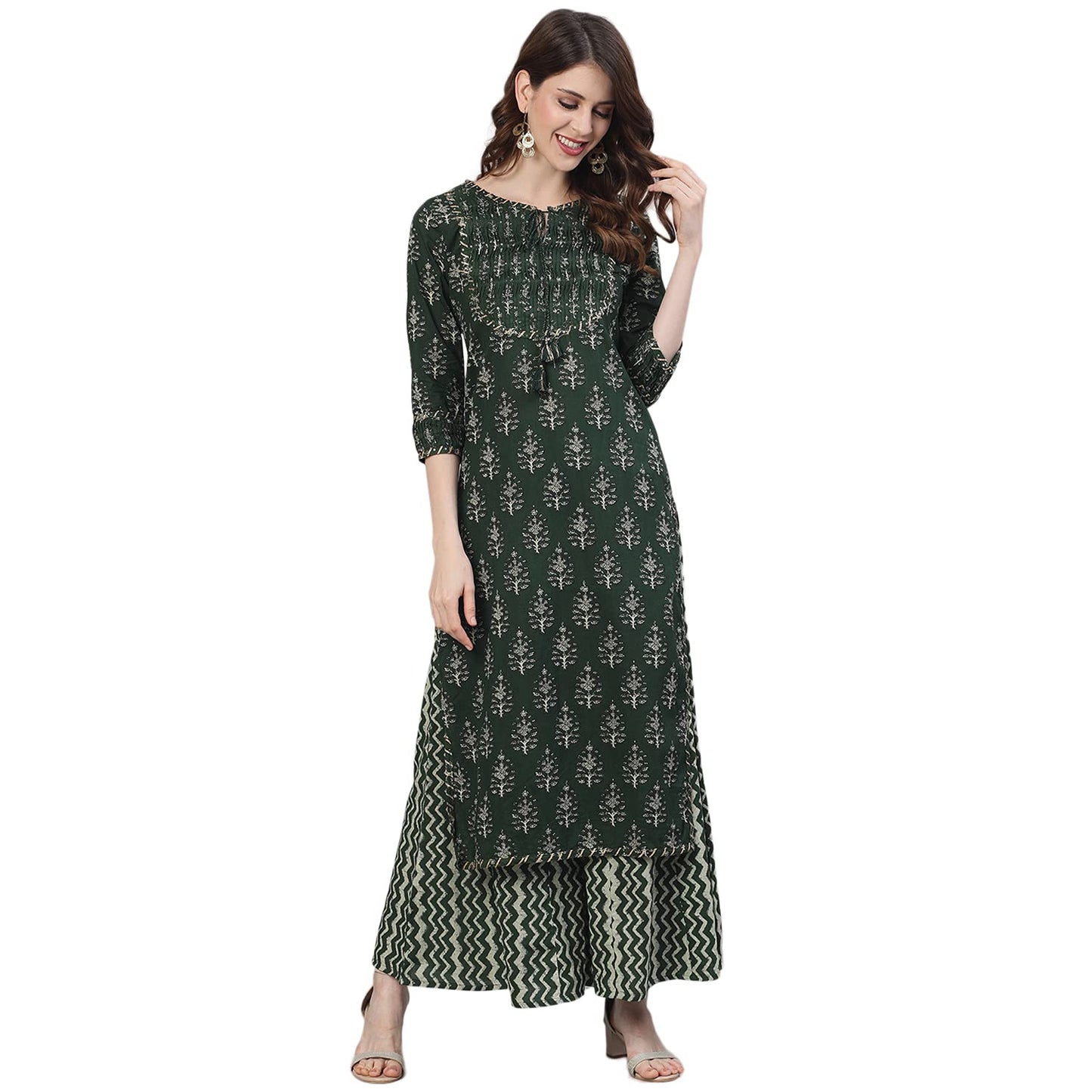 ishin Women's Pure Cotton A-Line Printed Gotta Patti Colourblocked print Green Kurta suit set with Palazzo