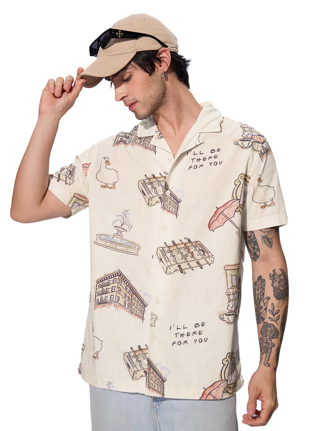 The Souled Store Official bFRIENDS: Ill Be There for You Men and Boys Half Sleeve Button Front Regular Fit Shirts Beige