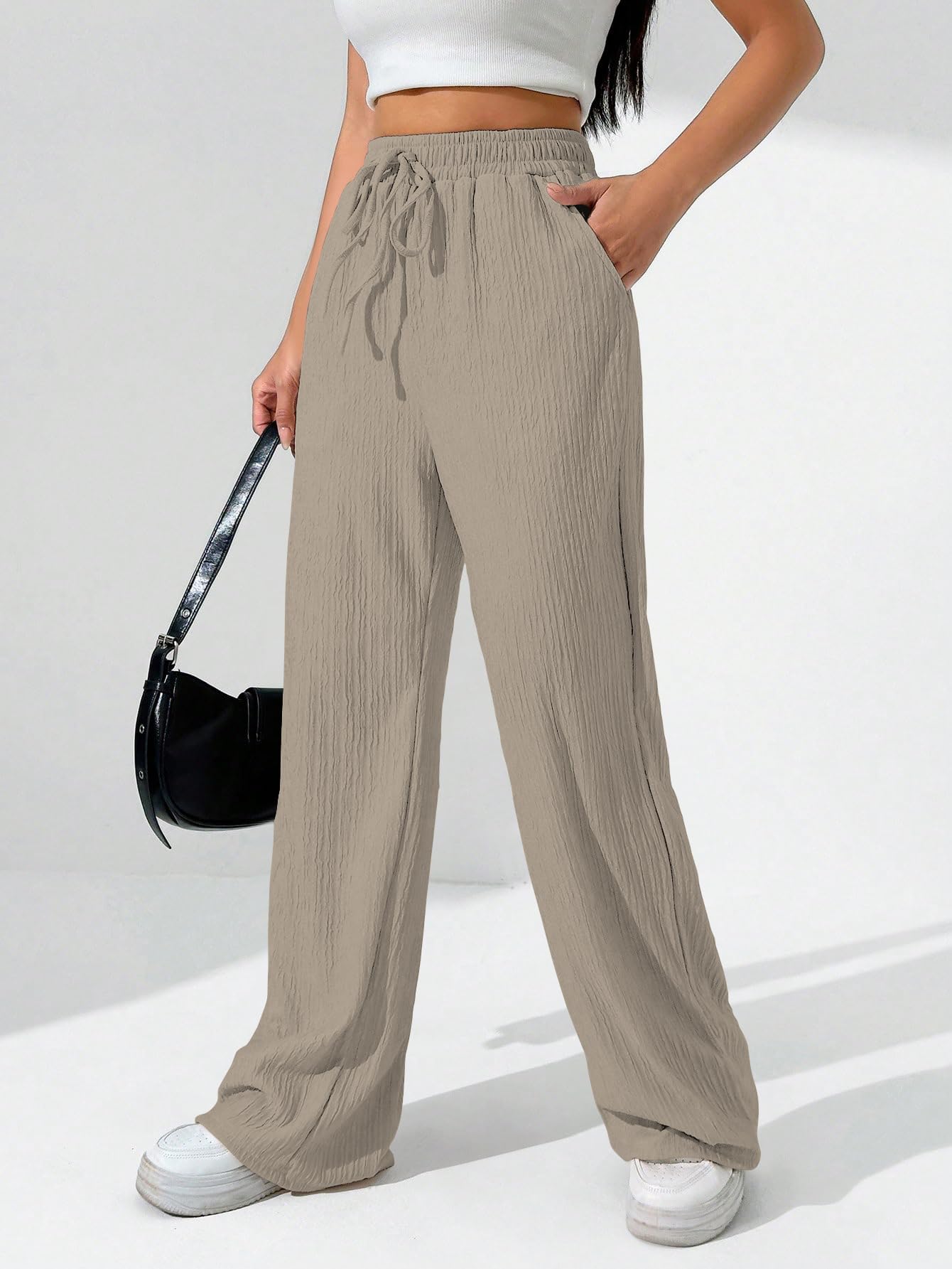 Sugathari Womens Beige Loose Wide-Leg Pants with Textured Wrinkled Fabric and Drawstring Waist Long Trousers (Trouser 157 Beige