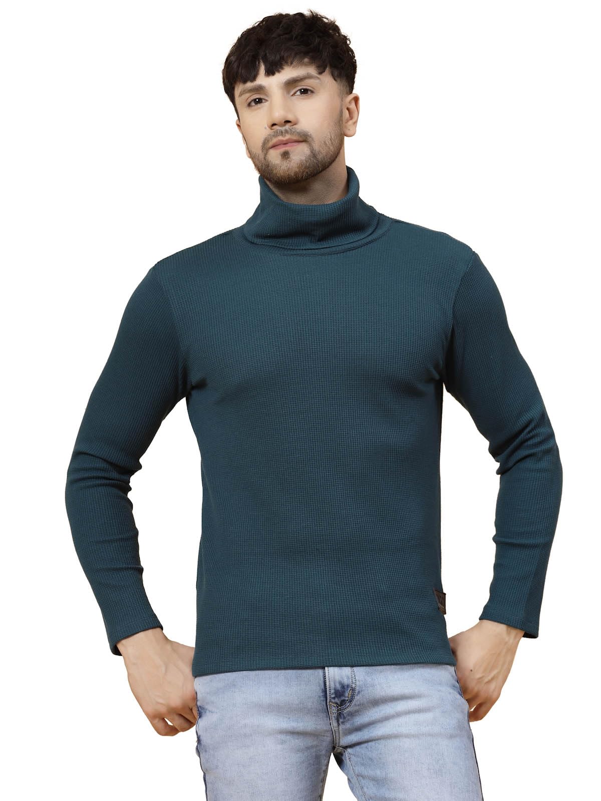 Rigo Full Sleeves High Neck T-Shirts for Men | Waffle Knit Solid T-Shirt for Men | Printed Casual Turtleneck T-Shirts for Men Gr