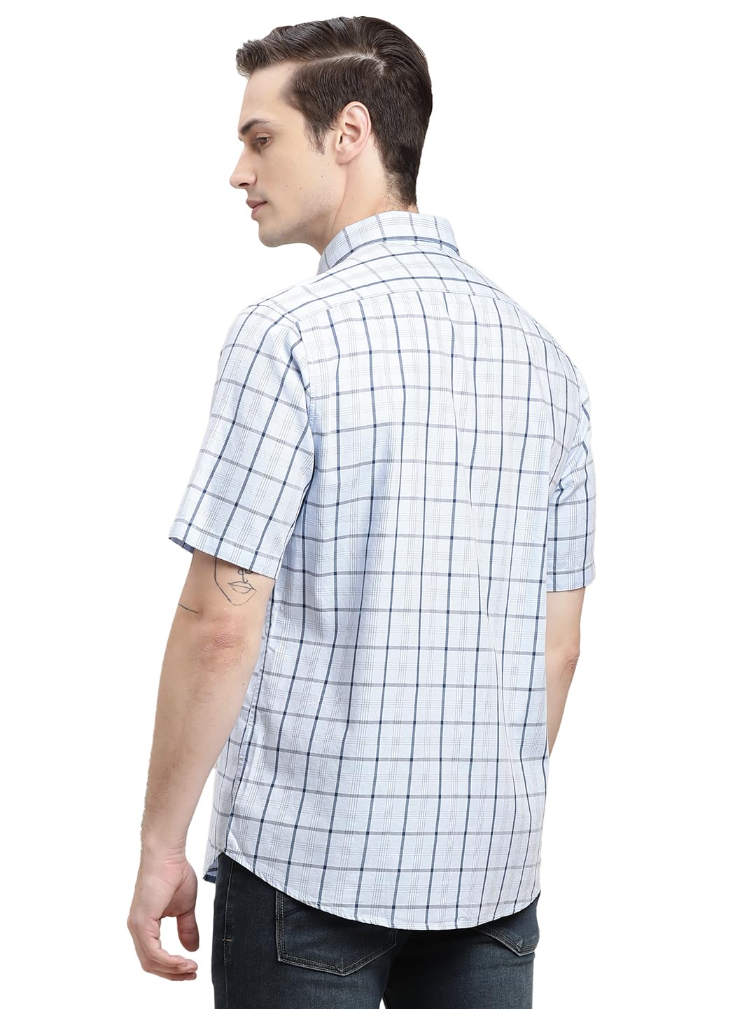 Turtle Men Light Blue Checkered Half Sleeve Slim Fit 100% Cotton Casual Shirt